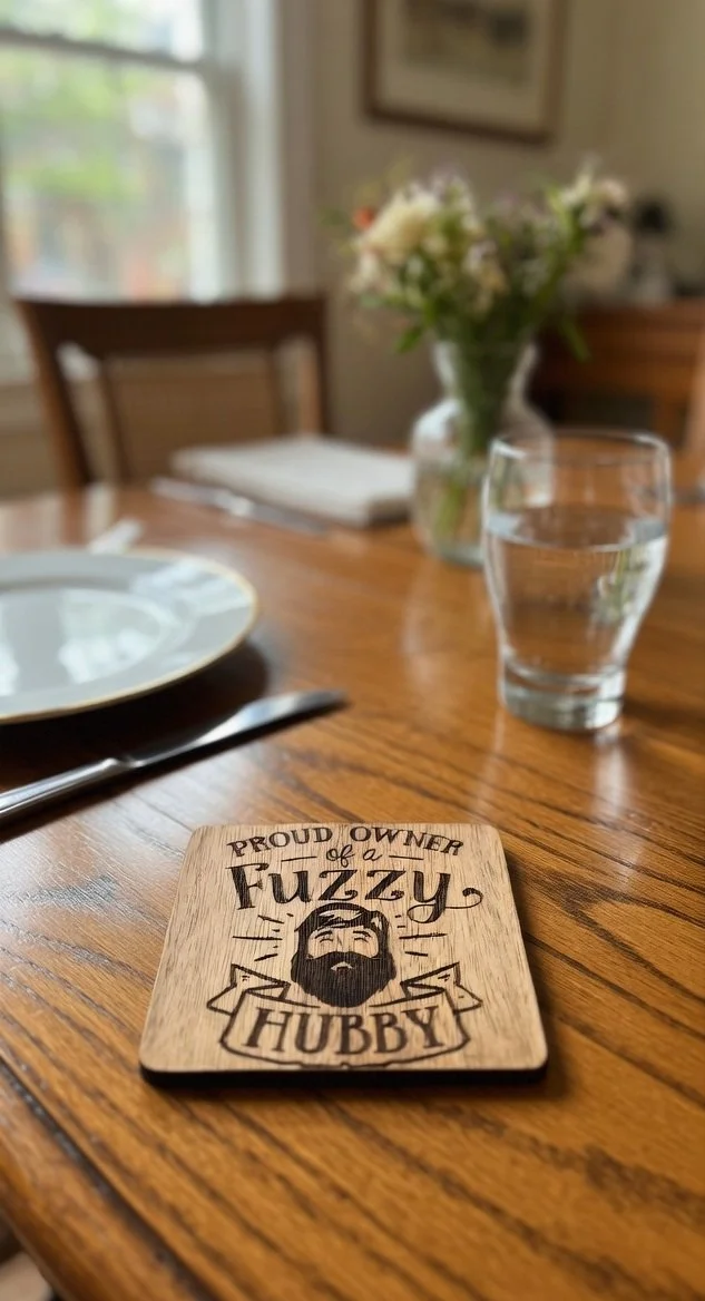 "Fuzzy Hubby" Laser-Engraved Wooden Coaster