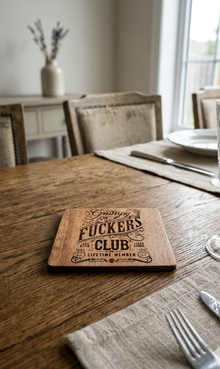 "Grumpy Fuckers Club" Vintage-Style Laser-Engraved Coaster