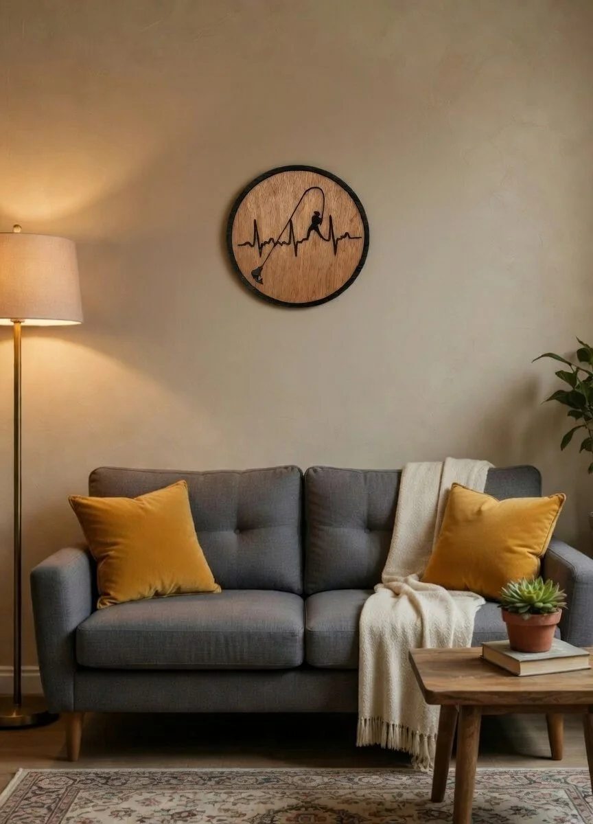 Cozy living room with a gray sofa, two yellow pillows, a cream throw blanket, a wooden side table with a potted plant, books, a potted plant in the background, a standing lamp, and a wall clock with a fishing theme.