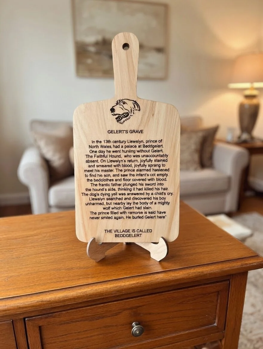 Wooden plaque with an engraving of a lion's head at the top and a story about Gelert, a legendary prince's hound, on a wooden table in a cozy living room.