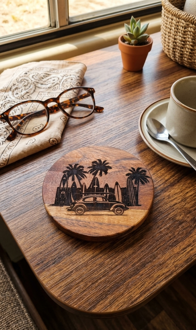 "VW Beetle Beach Life" Round Wooden Coaster