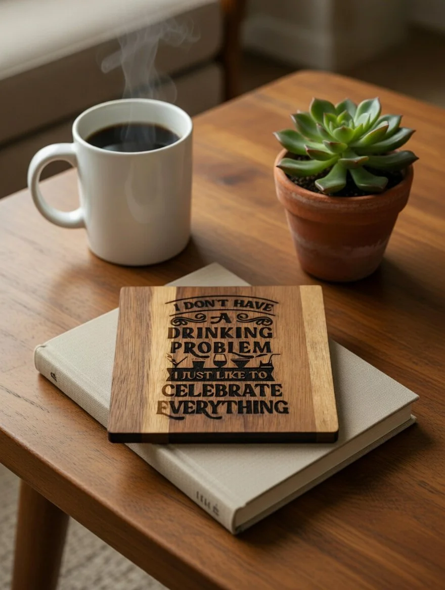 "I Don't Have a Drinking Problem I Just Like to Celebrate Everything" Wooden Coaster