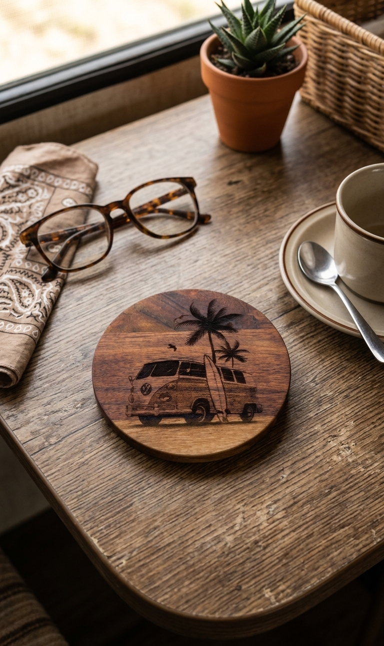 "VW Beach Van & Surfboard" Round Wooden Coaster