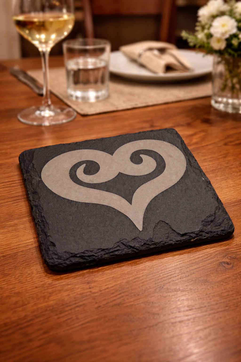 "Double Koru Heart" Māori Slate Coaster