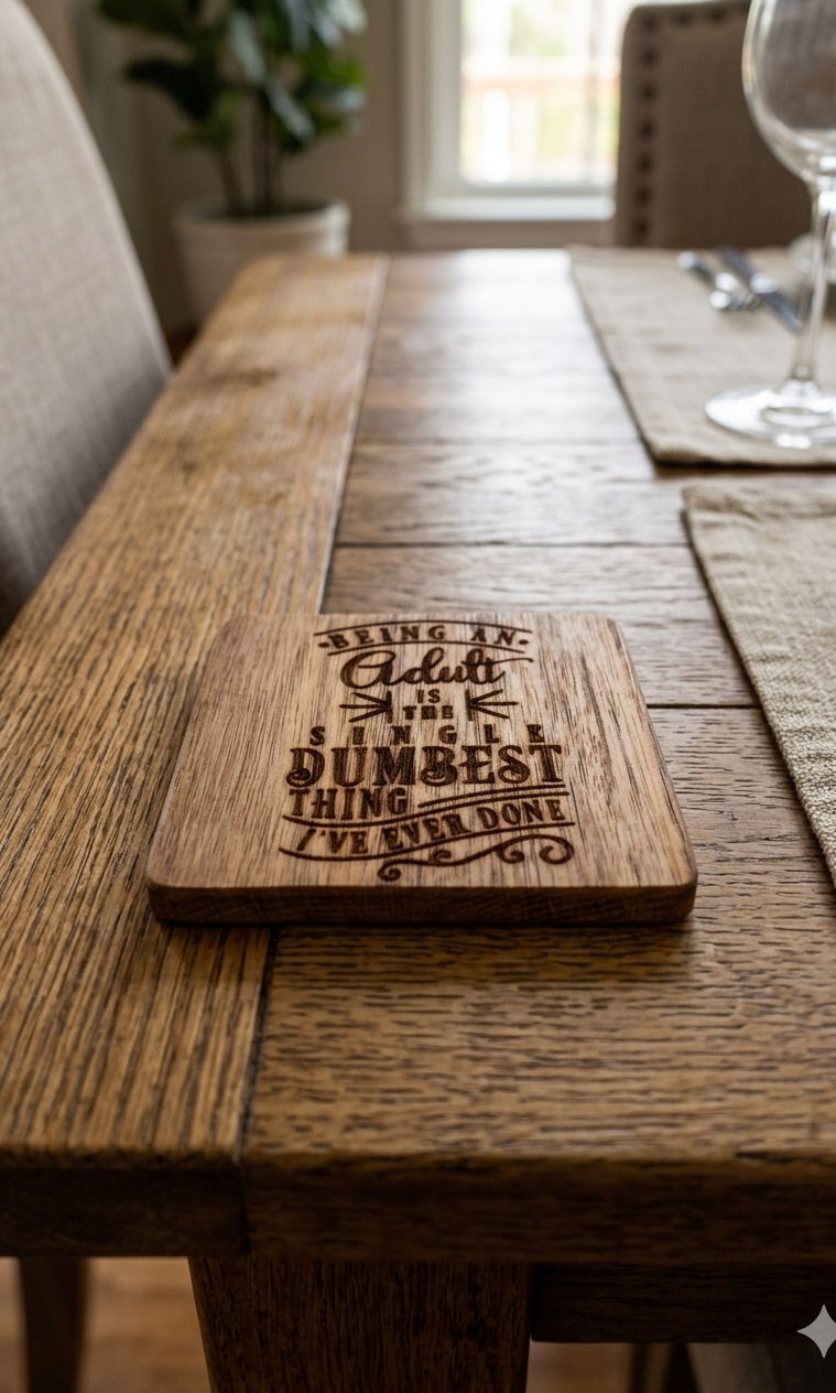 "Being An Adult" Laser-Engraved Wooden Coaster