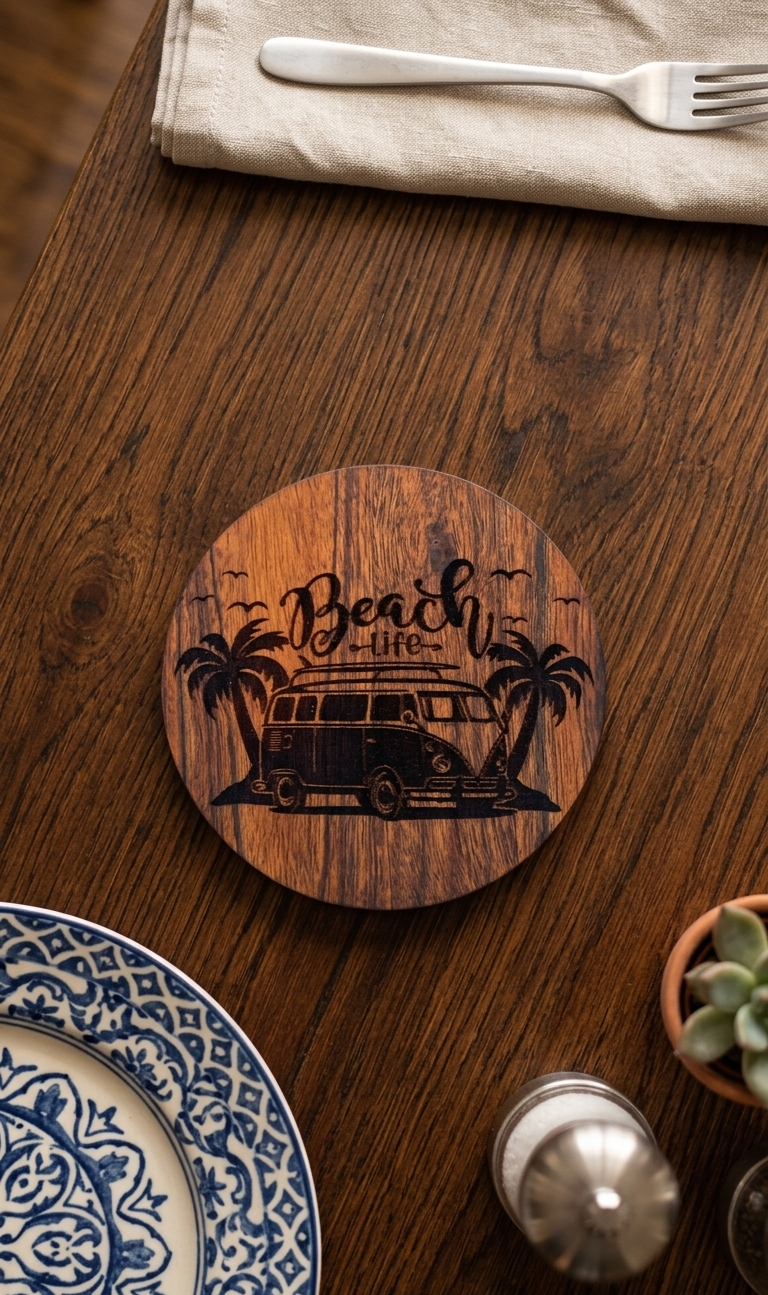 "Beach Life" VW Van Round Wooden Coaster
