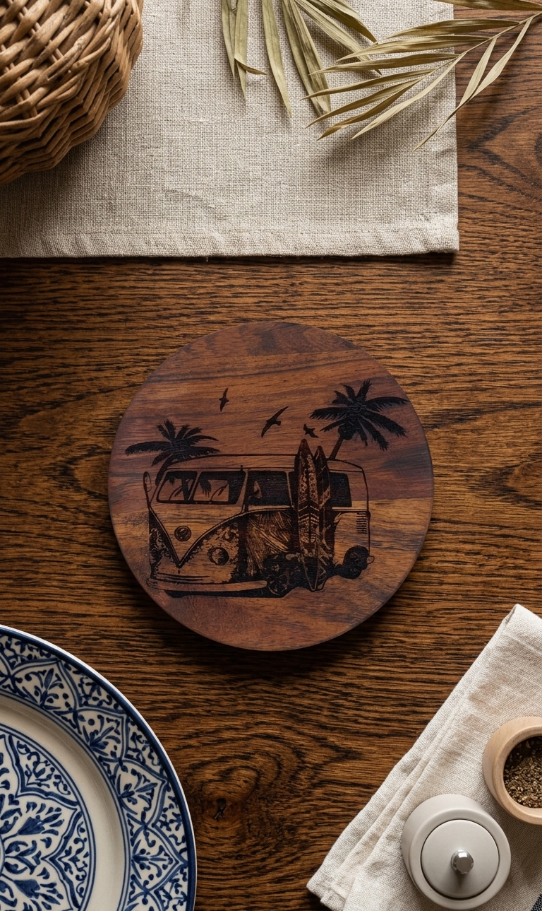 "VW Beach Van" Round Wooden Coaster