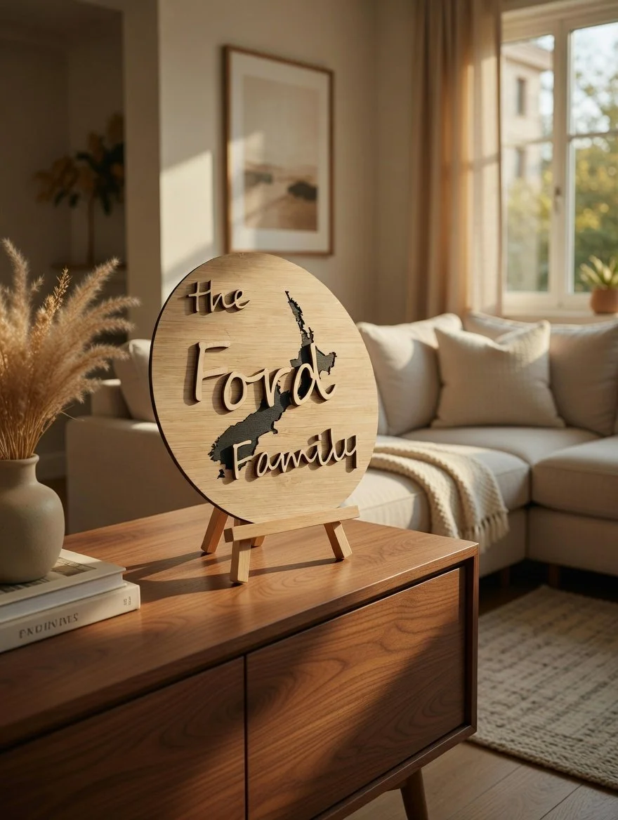 Decorative wooden sign on a small wooden table with the words 'The Ford Family' and a map outline. Cozy living room with beige sofas and a window with curtains in the background.