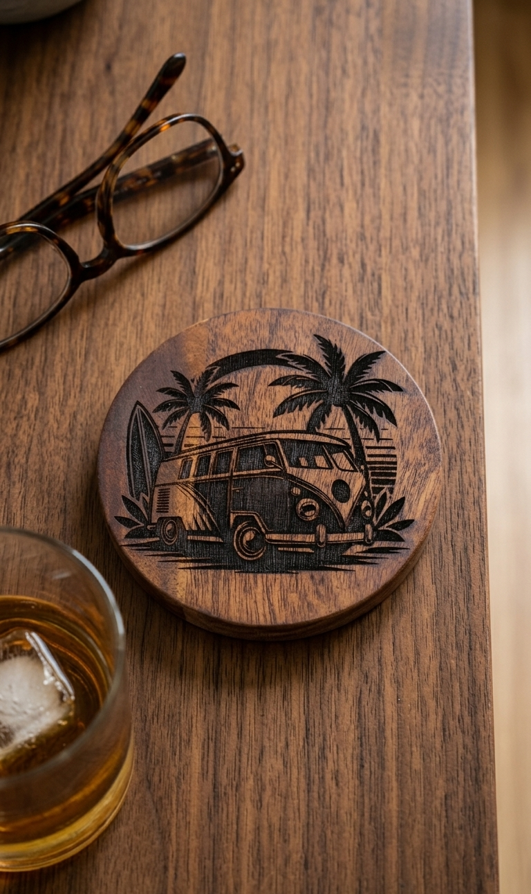 "Beach Life VW Bus" Round Wooden Coaster