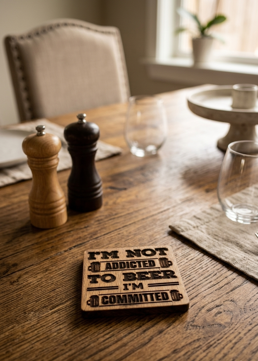 "I'm Not Addicted to Beer I'm Committed" Wooden Coaster