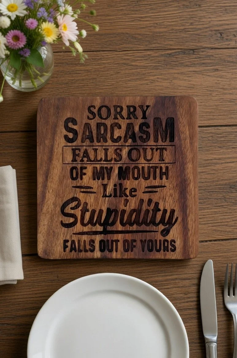 "Sorry Sarcasm" Laser-Engraved Wooden Coaster