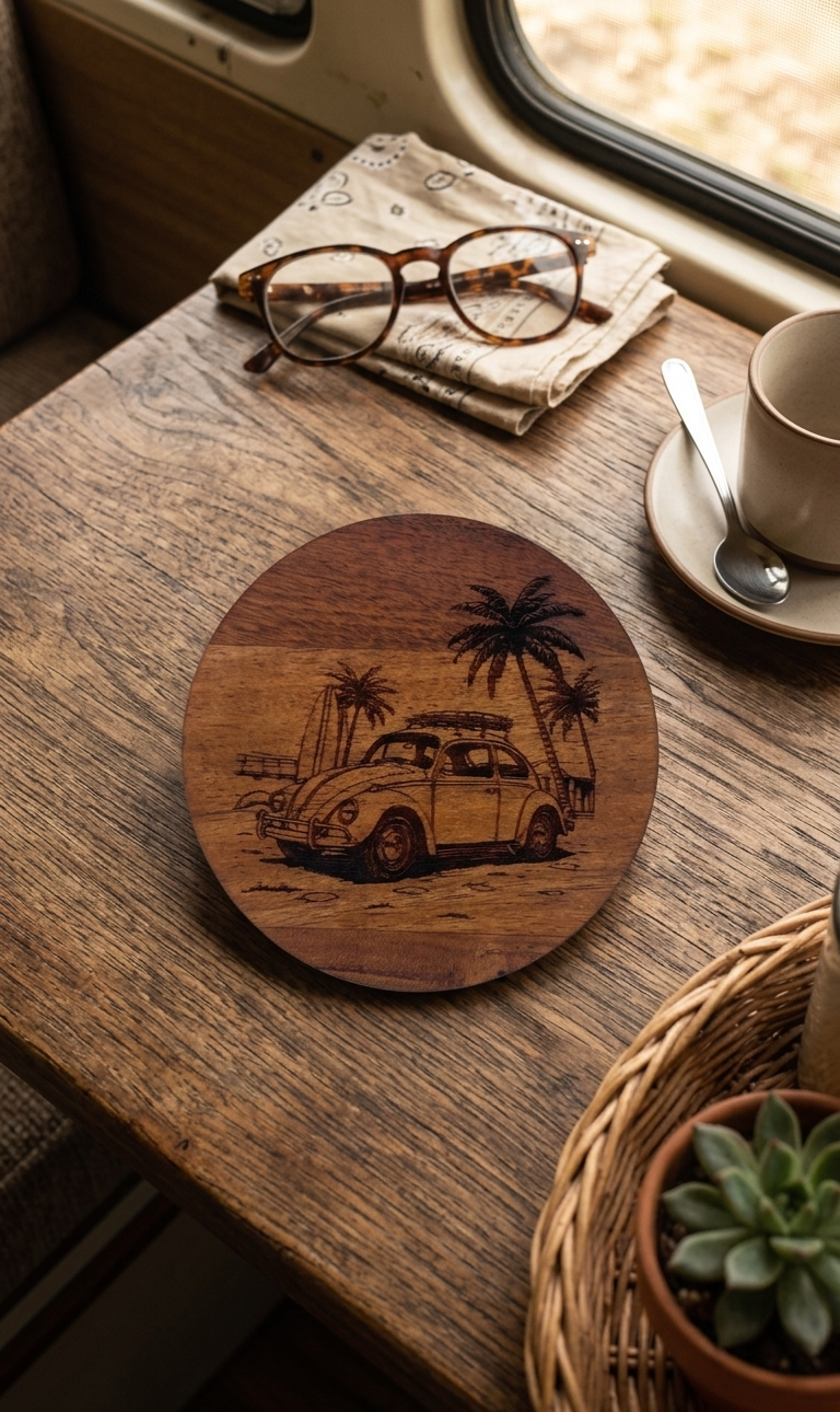 "VW Beetle Beach Cruiser" Round Wooden Coaster