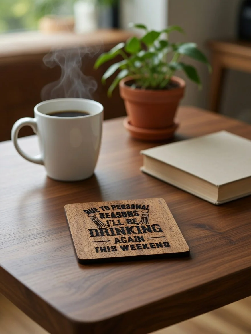 "Drinking Again" Humorous Laser-Engraved Coaster
