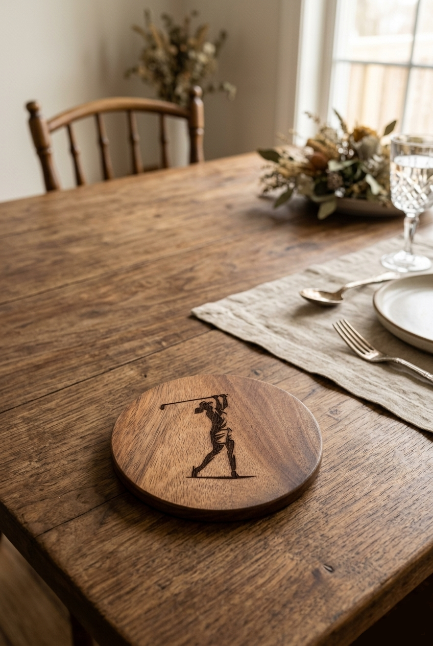 "Female Golfer Silhouette" Round Wooden Coaster