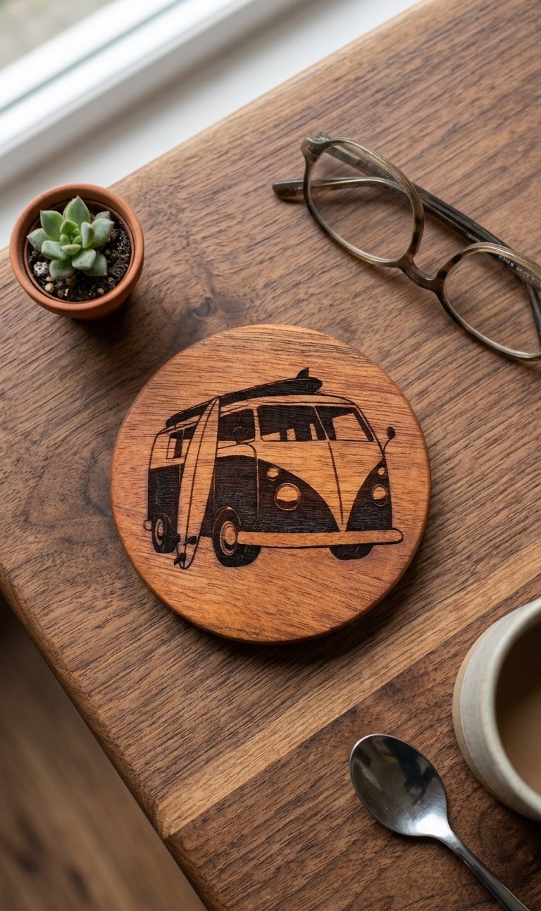 "VW Surf Bus" Round Wooden Coaster
