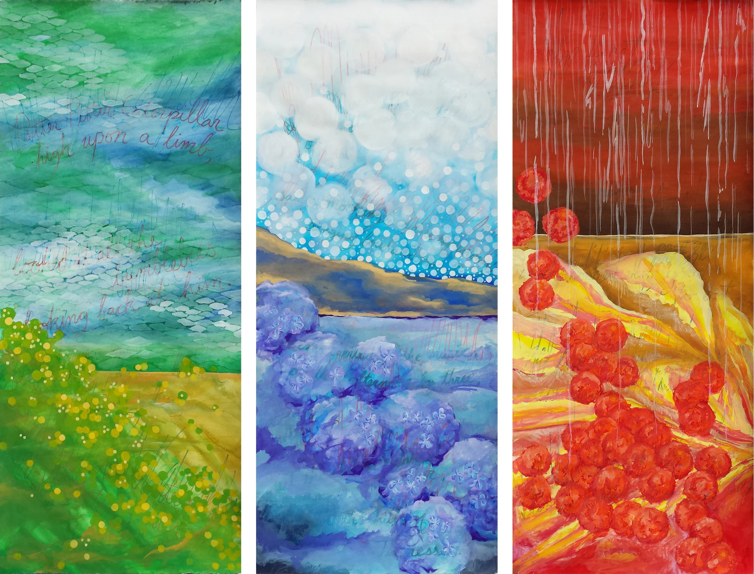 "Beneath a Blue Umbrella #1, #2, and #3", Gouache on Stonehenge, 16"x36"