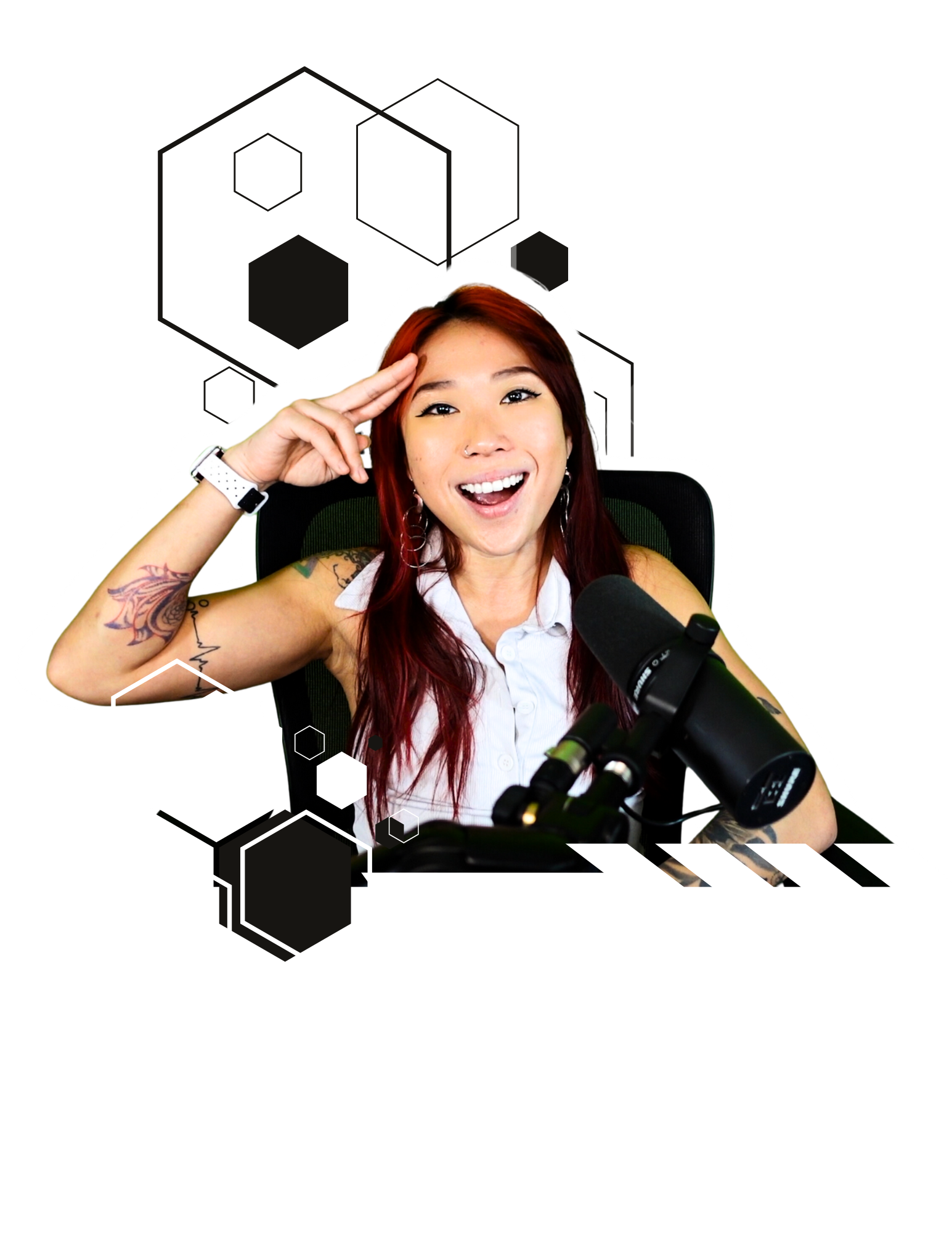 A young woman with red hair and tattoos smiling and making a saluting gesture, sitting in front of a microphone with a digital geometric background.