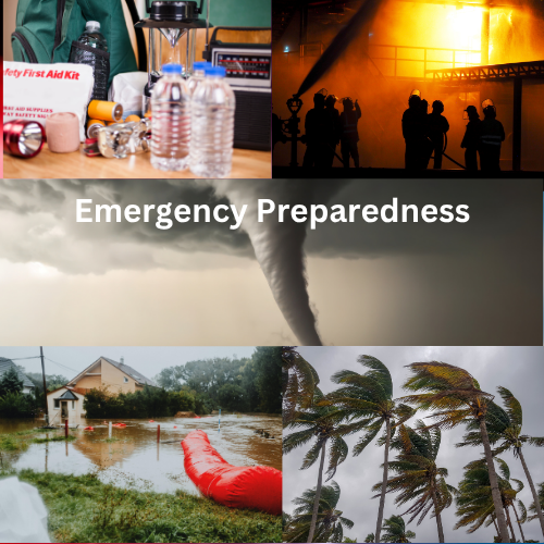 Collage of emergency preparedness and natural disaster scenes: first aid kit and supplies, firefighters fighting a fire, tornado in the sky, floodwaters with a red rescue tube, and windstorm-damaged trees, with text 'Emergency Preparedness'
