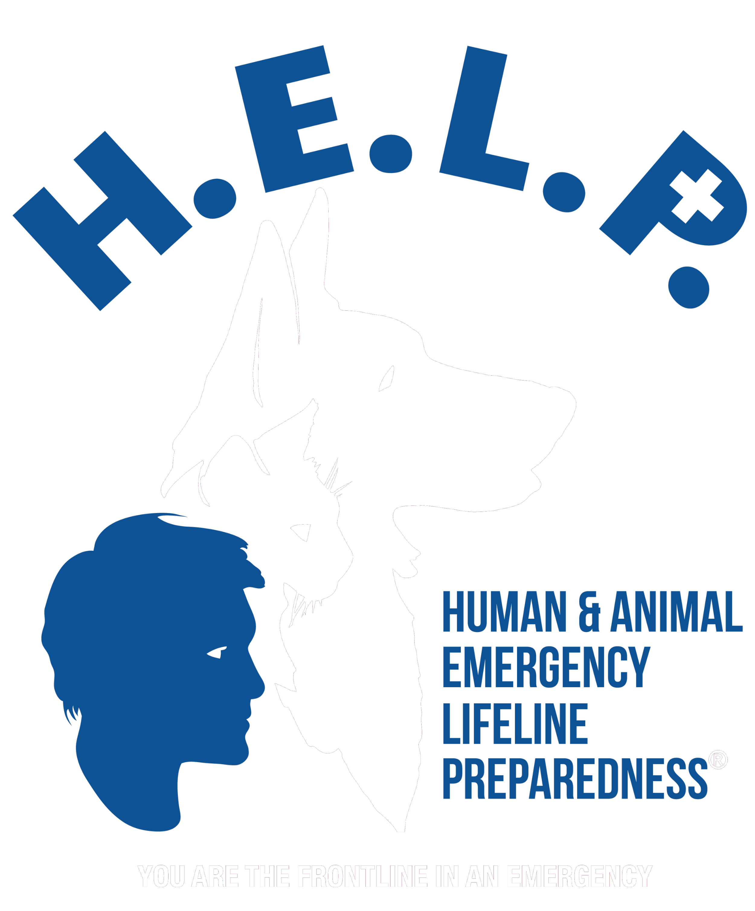 H.E.L.P. logo with a white police dog, blue silhouette of a person's profile, and a black cat silhouette, along with text about human and animal emergency preparedness and a slogan, "You are the frontline in an emergency."