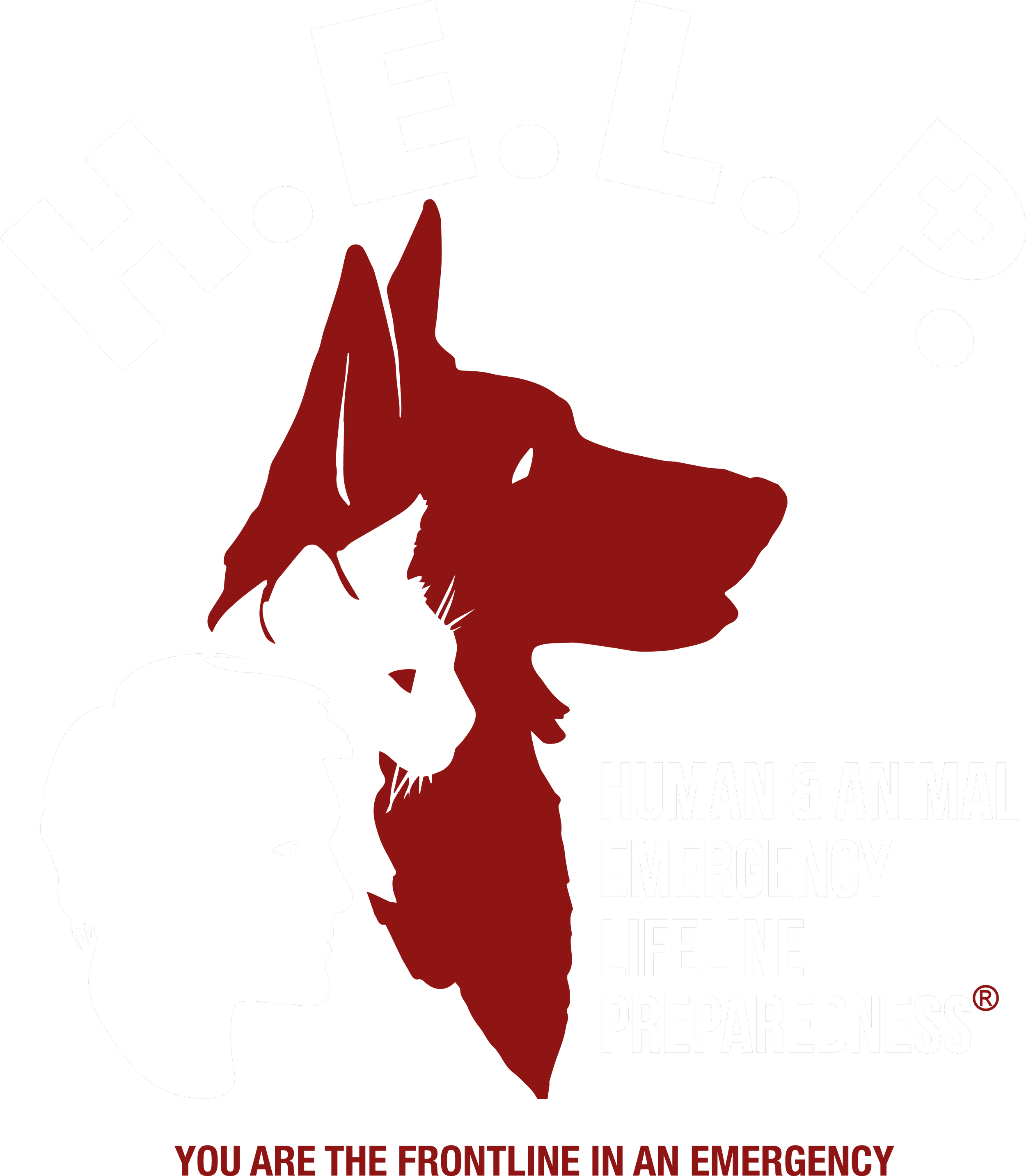 Logo for H.E.L.P. showing a human face silhouette, a dog, and a cat, with text promoting human and animal emergency preparedness.