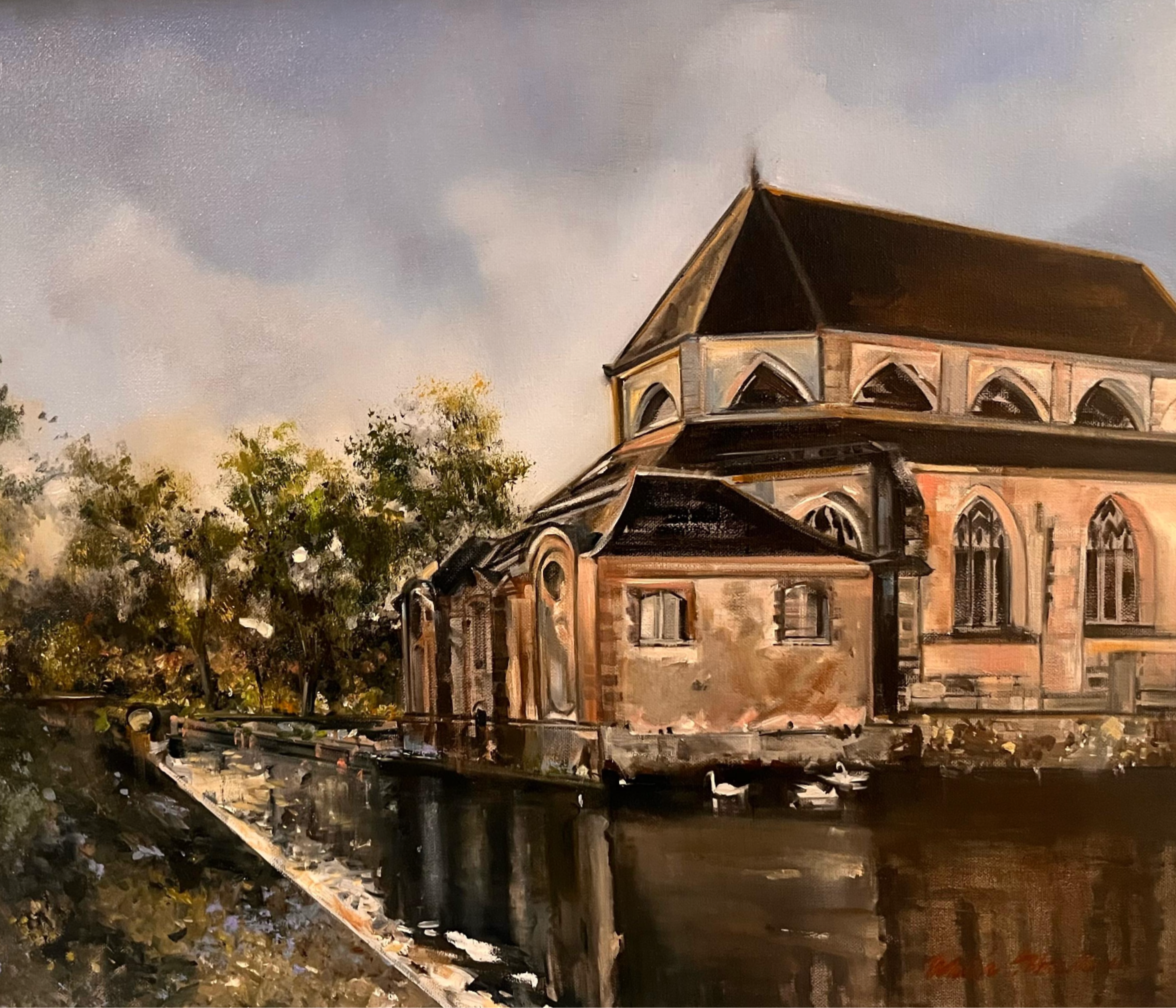 Artwork available for purchase at historic chateau just outside of Paris, France. Oil on canvas of chapel, moat, and swans. Gardens designed by Andre le Notre, designer of Versailles.