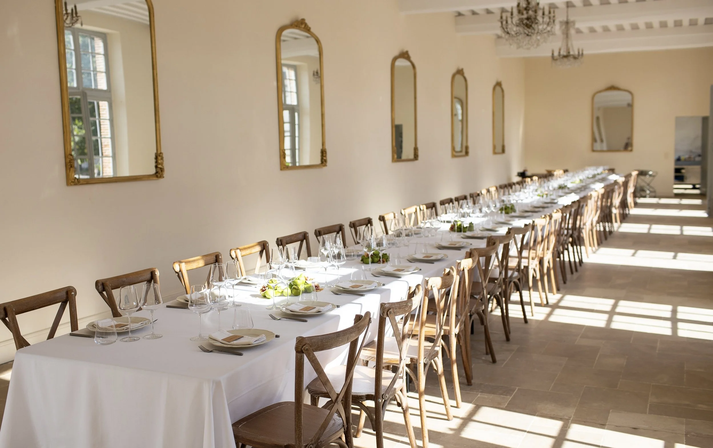 Wedding dinner Orangerie space and commercial kitchen available for guests and private culinary events at Château des Joncherets near Paris, France. Gabriel Glas glassware, Noon & Moon tableware.