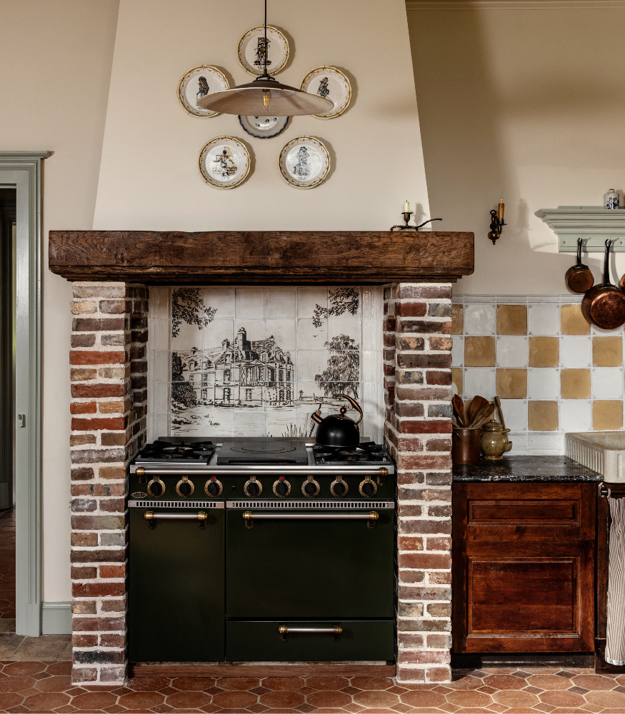 French Chateau Kitchen, Rustic, Handcrafted Tiles