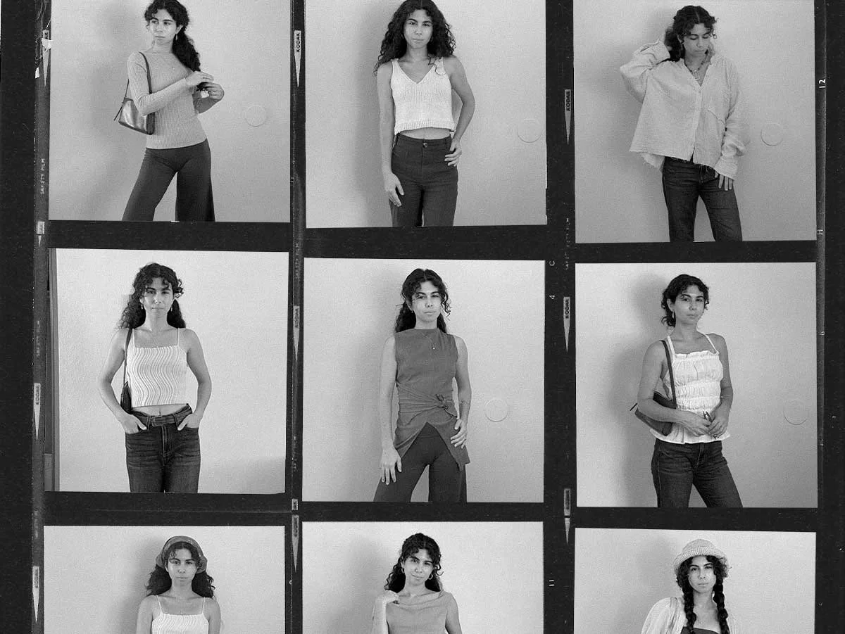 Black-and-white collage of petite model Alex wearing different outfits, arranged in a contact-sheet grid.