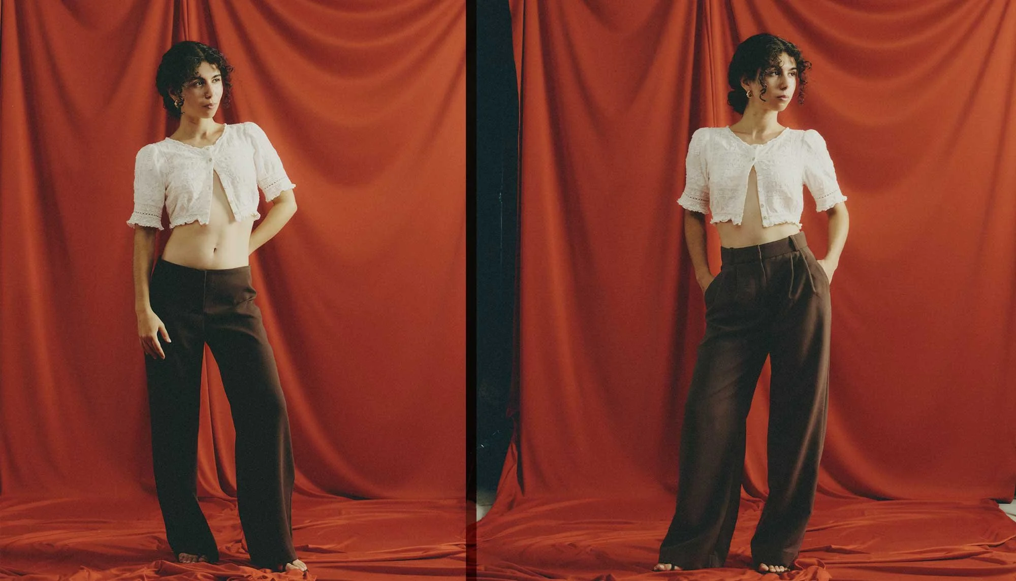 A short woman with a proportionally long torso and short legs compares low-rise brown pants on the left with high-rise brown pants on the right, both paired with the same cropped white lace top.