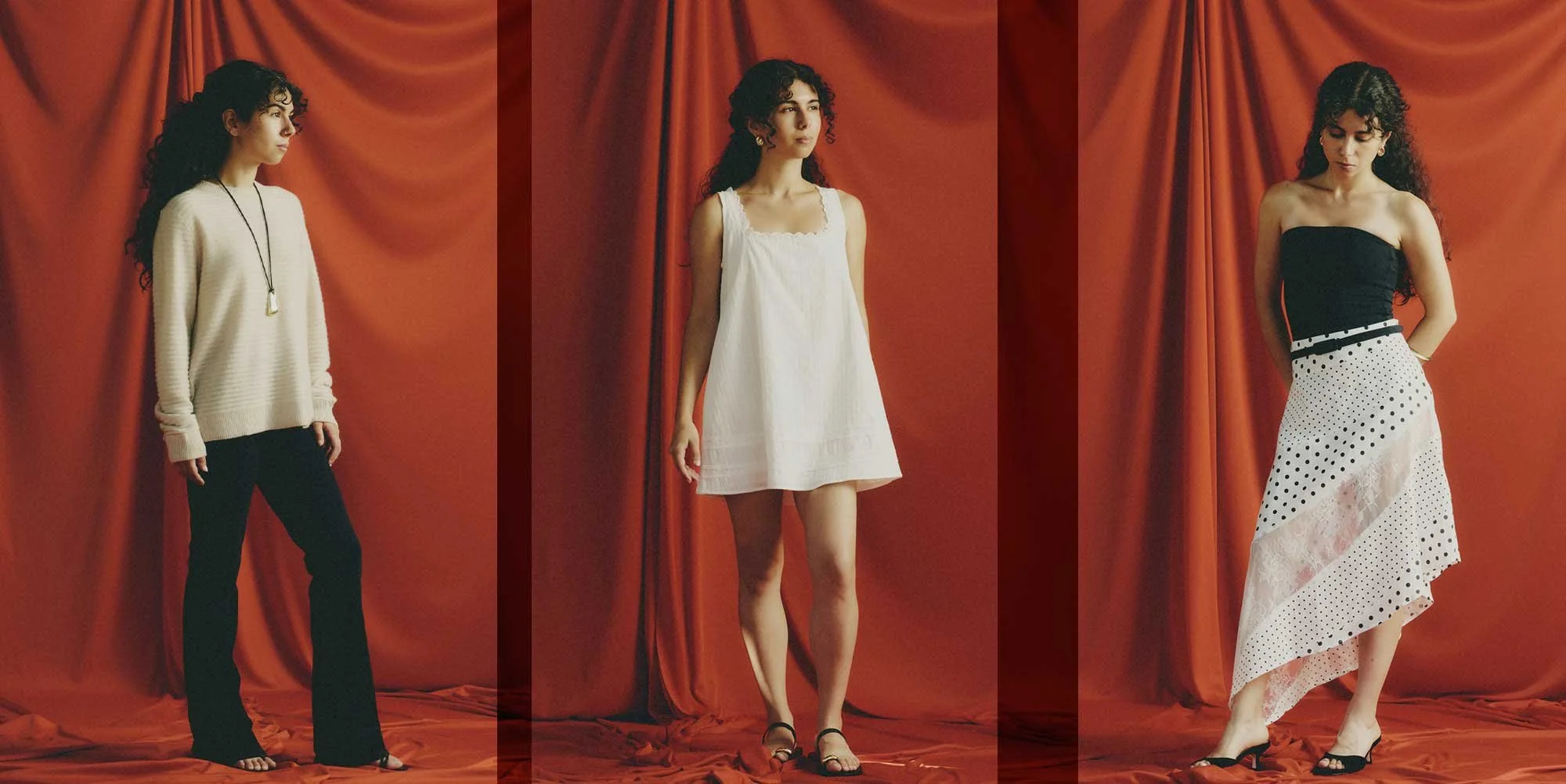 A short woman with a proportionally long torso and short legs demonstrates long diagonal lines in clothing: black flared jeans, a white tent dress, and a polka-dot skirt with an asymmetrical hem, from left to right.
