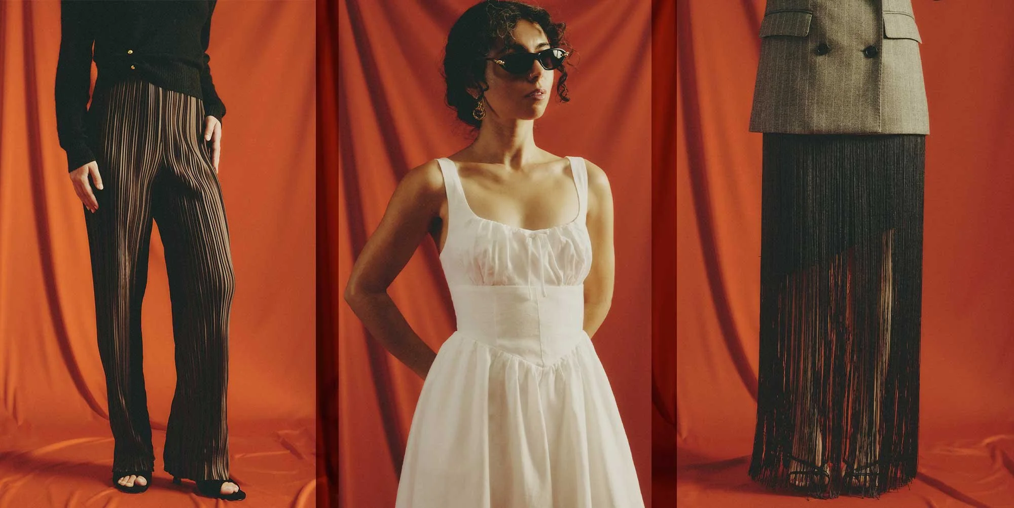 Three examples of vertical textures in clothing: brown plissé pants on the left, gathers on a white dress in the center and long black fringe beneath a blazer on the right.