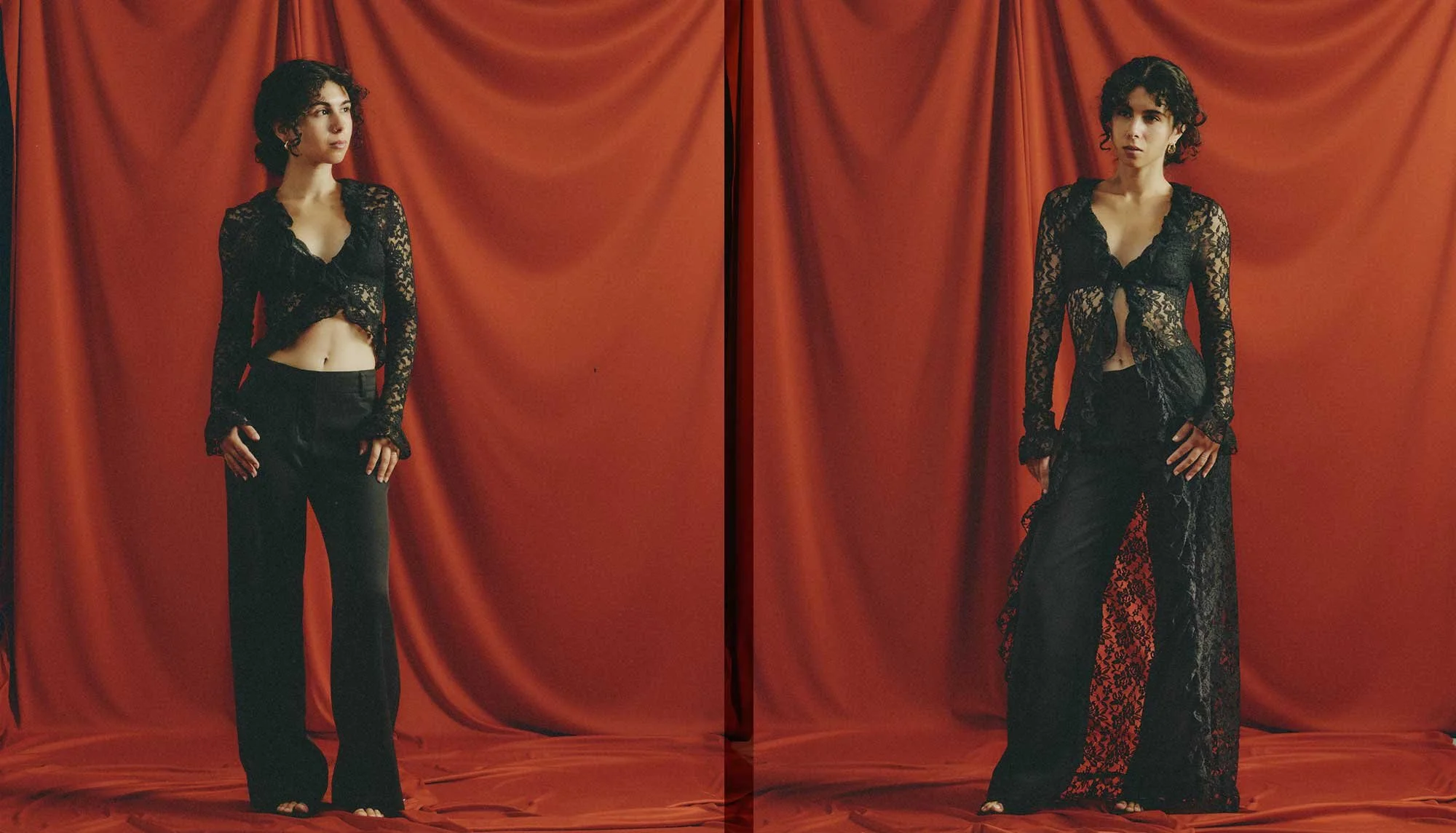 A short woman with a proportionally long torso and short legs compares a cropped black lace top on the left with a long black lace tunic on the right, both paired with the same black pants.