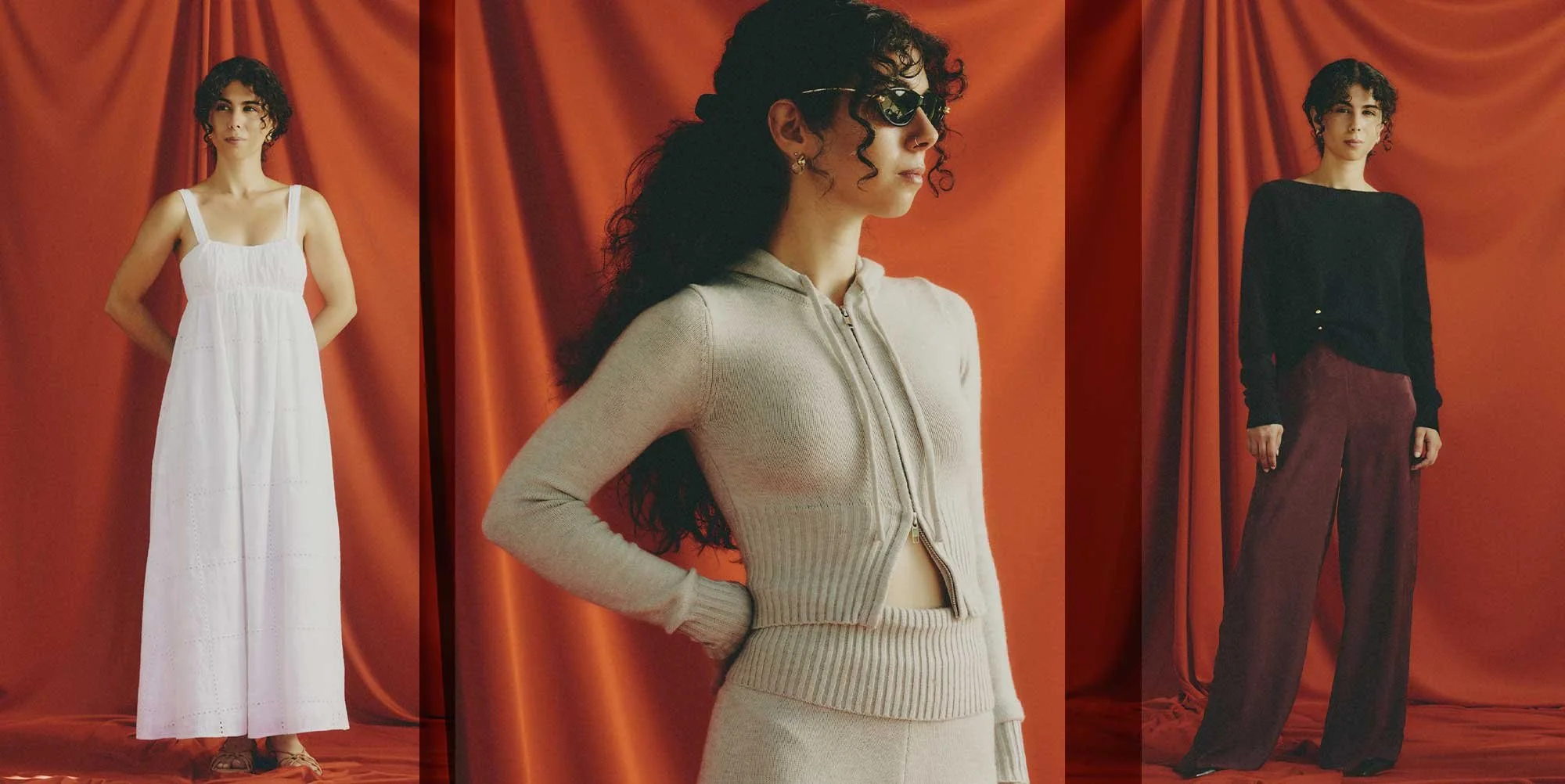 A short woman with a proportionally long torso and short legs demonstrates horizontal lines in clothing: an empire-waist dress, a knit set with a wide waistband, and a boat-neck sweater, from left to right.