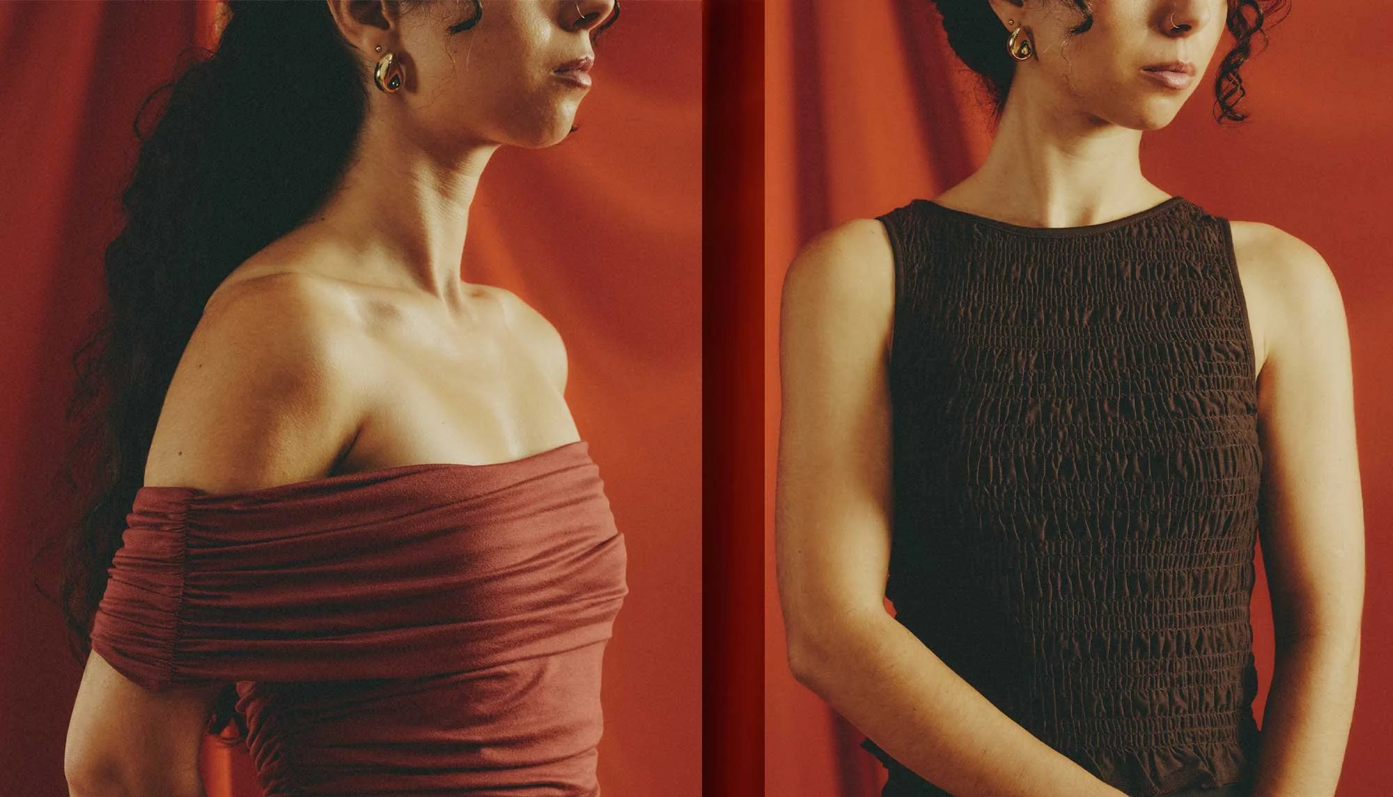 Close-up examples of horizontal textures in clothing: ruching on a burgundy off-the-shoulder dress on the left and shirring on a black sleeveless top on the right.