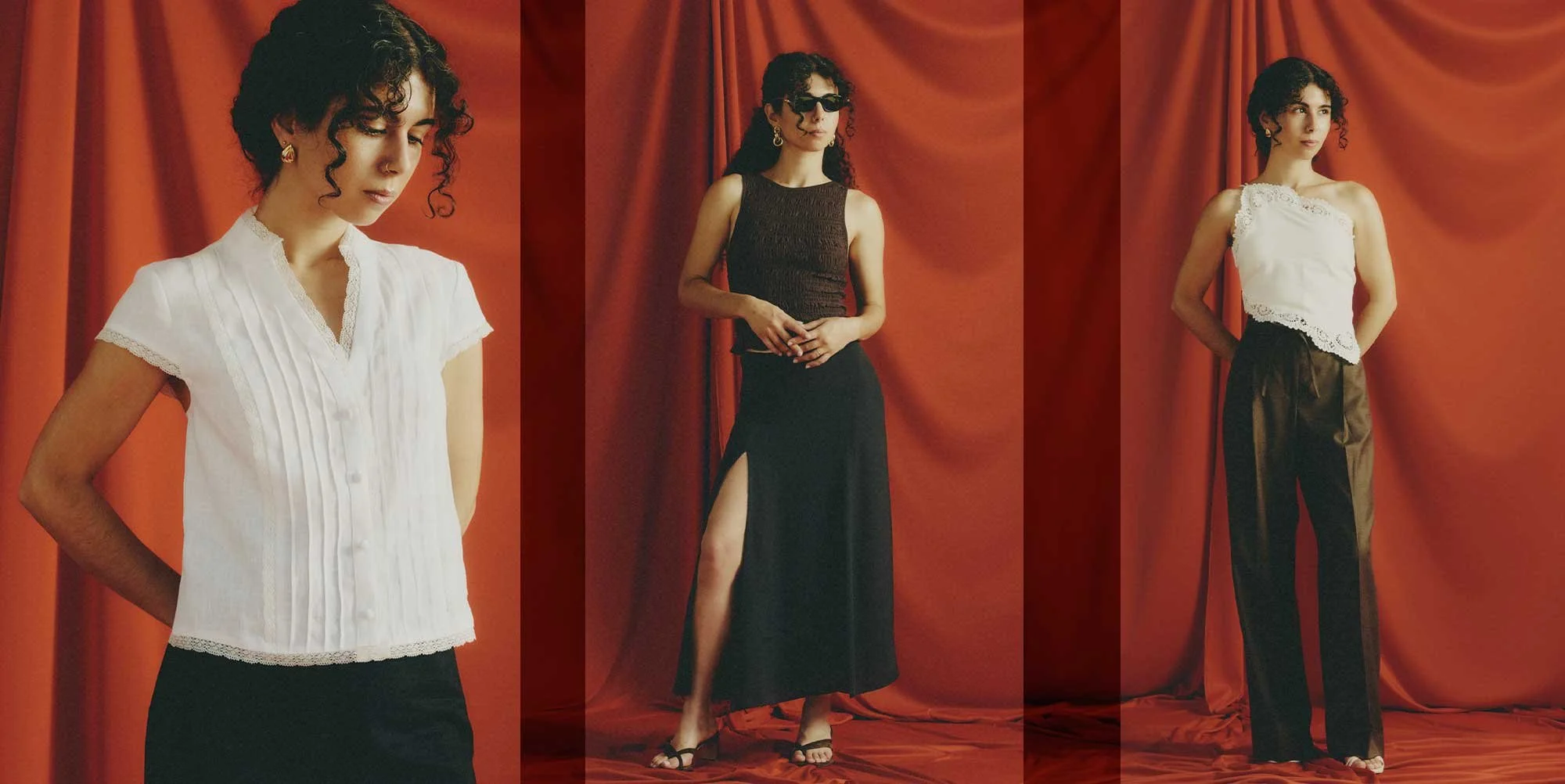 A short woman with a proportionally long torso and short legs demonstrates vertical lines in clothing: pintucks on a white blouse, a long slit in a black skirt, and front creases on brown pants, from left to right.