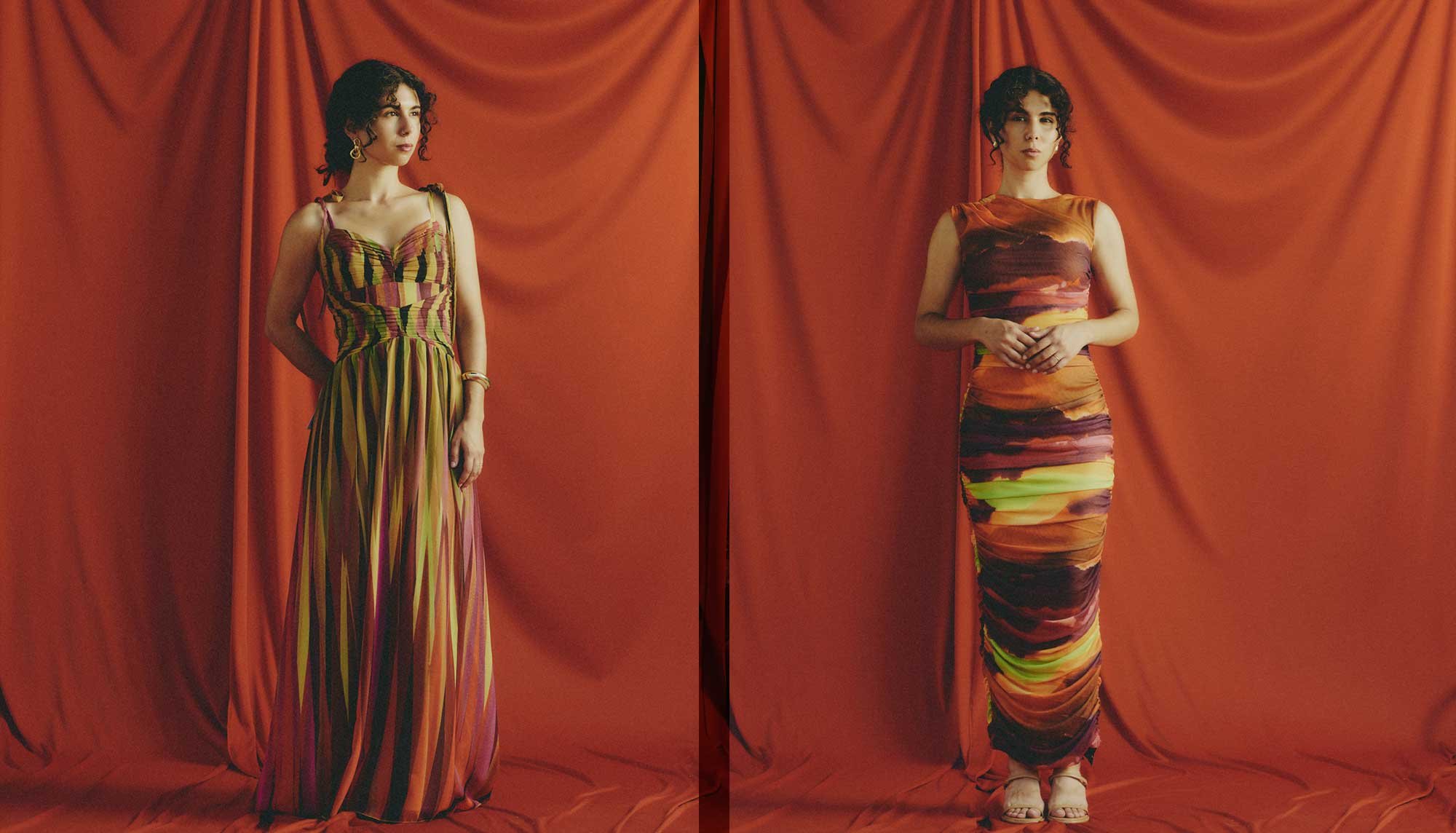 A short woman with a proportionally long torso and short legs compares dress patterns: elongated vertical shapes on the left and broad horizontal bands of color on the right.