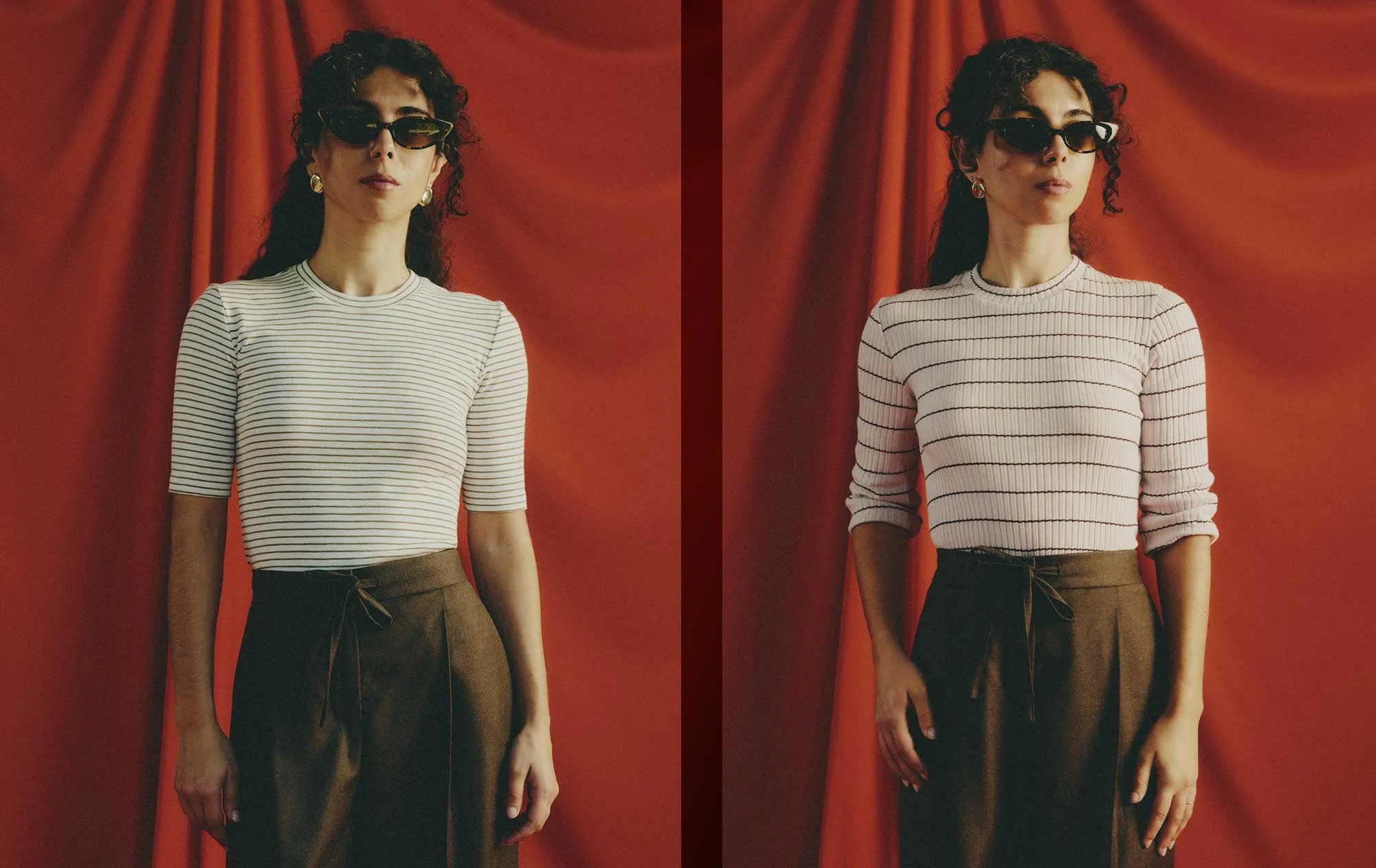 A short woman with a proportionally long torso and short legs compares light-colored tops with thin horizontal stripes: closely spaced on the left and widely spaced on the right, both paired with the same brown pants.