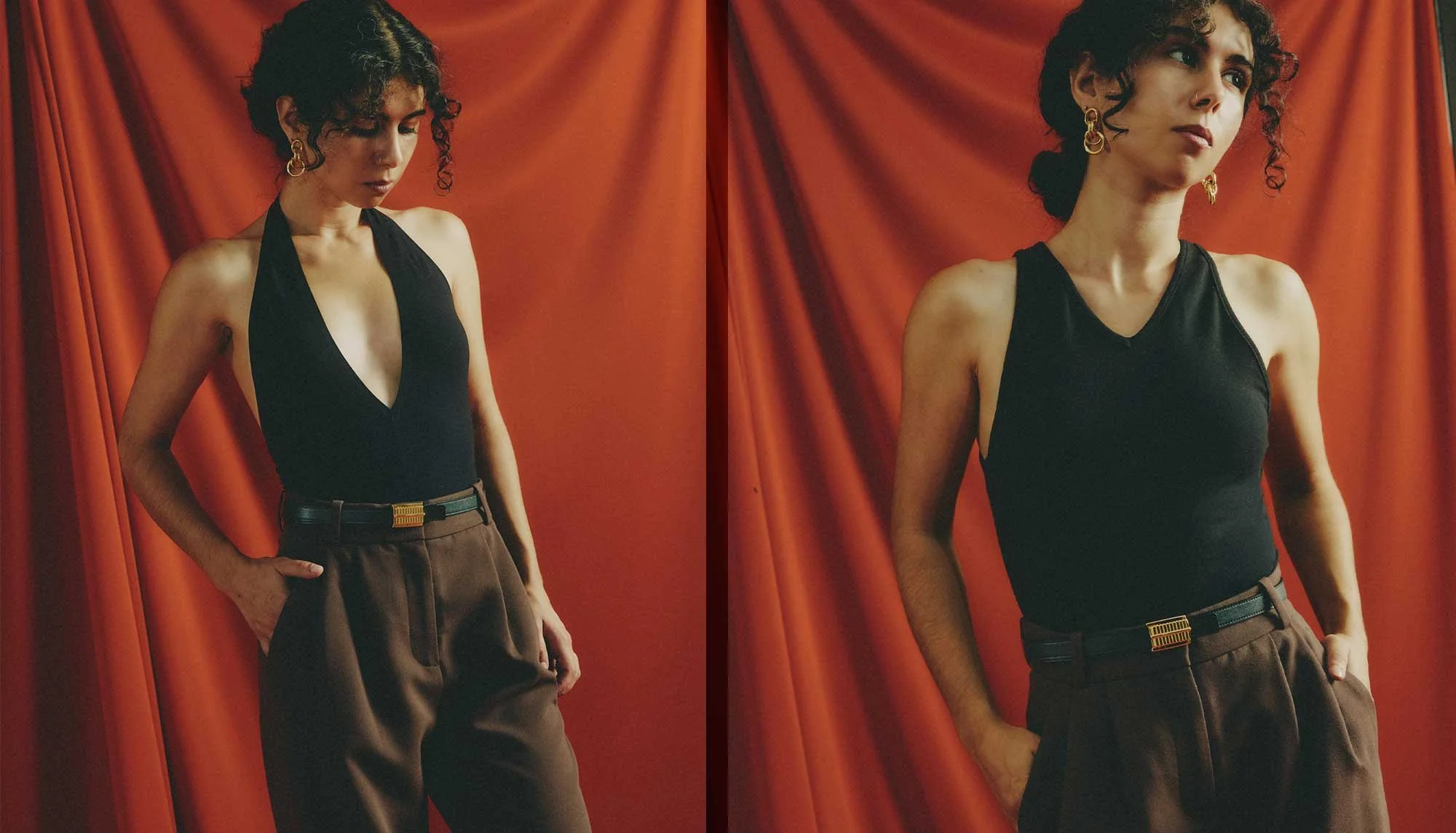 A short woman with a proportionally long torso and short legs compares a black plunging V-neck bodysuit on the left with a black shallow V-neck top on the right, both paired with the same brown pants and black belt.