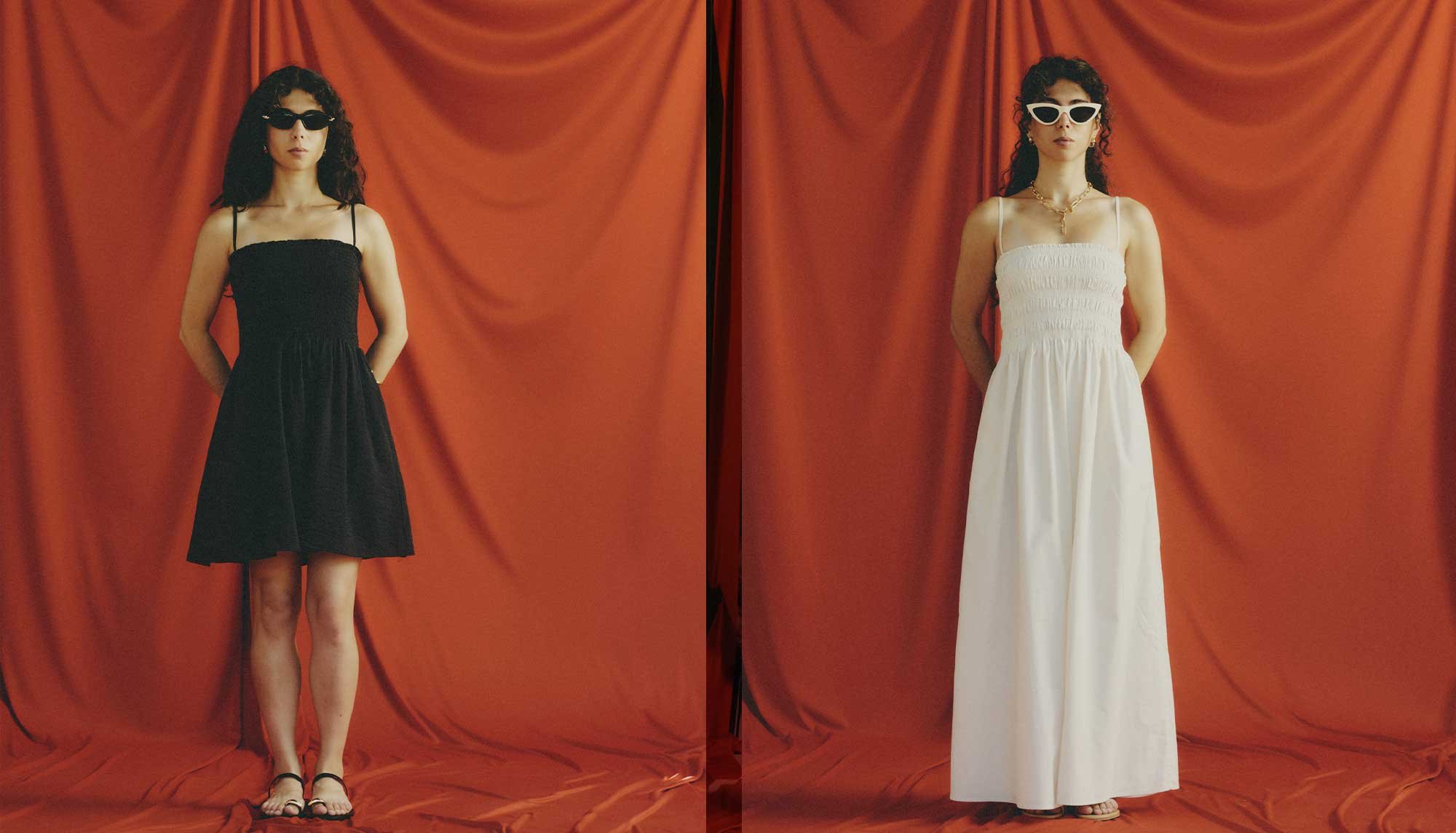 A short woman with a proportionally long torso and short legs compares dress lengths: a black dress ending above the knees on the left and a full-length white dress on the right.