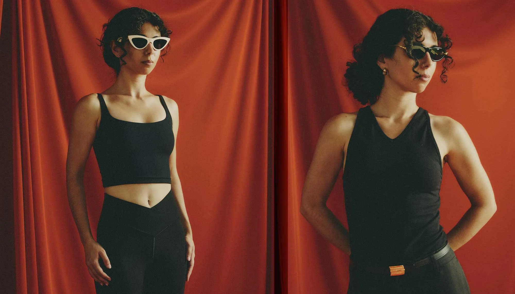 A short woman with a proportionally long torso and short legs demonstrates short diagonal lines in clothing: a V-shaped waistband on black leggings on the left and a shallow V-neck on a black top on the right.