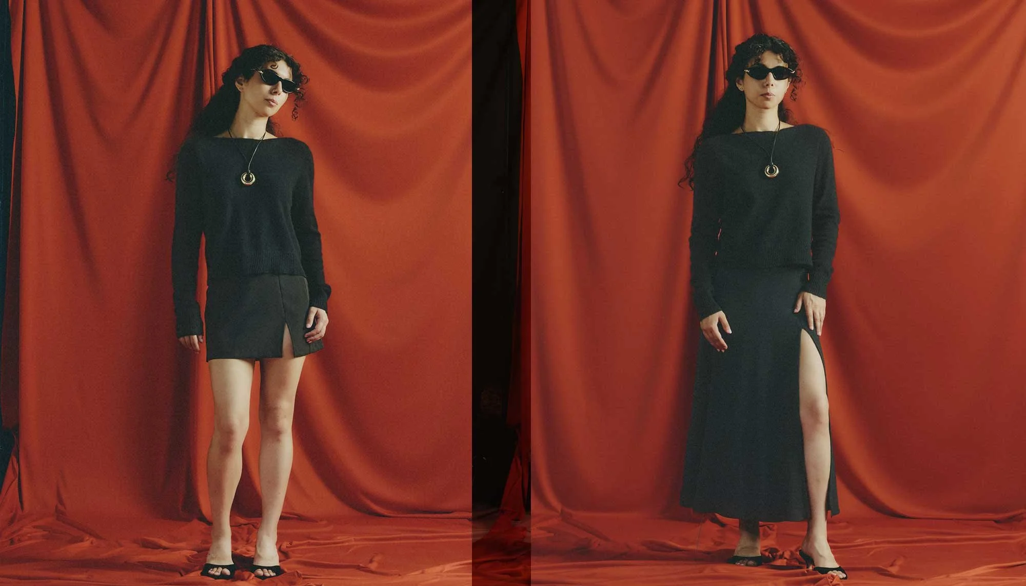 A short woman with a proportionally long torso and short legs compares skirt slit lengths, wearing the same black sweater with a miniskirt with a short slit on the left and a long skirt with a long slit on the right.