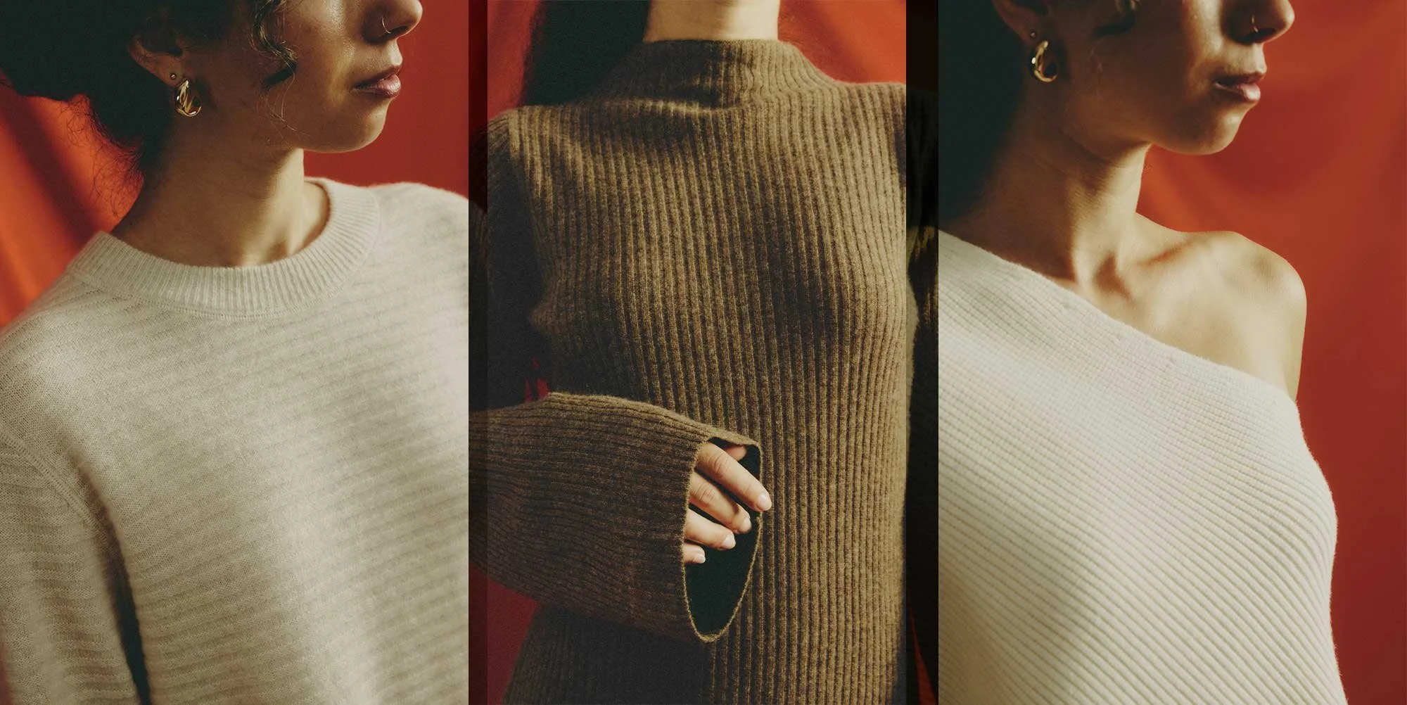 Close-up comparison of rib-knit textures on three sweaters: horizontal ribbing on the left, vertical ribbing in the center and diagonal ribbing on the right.