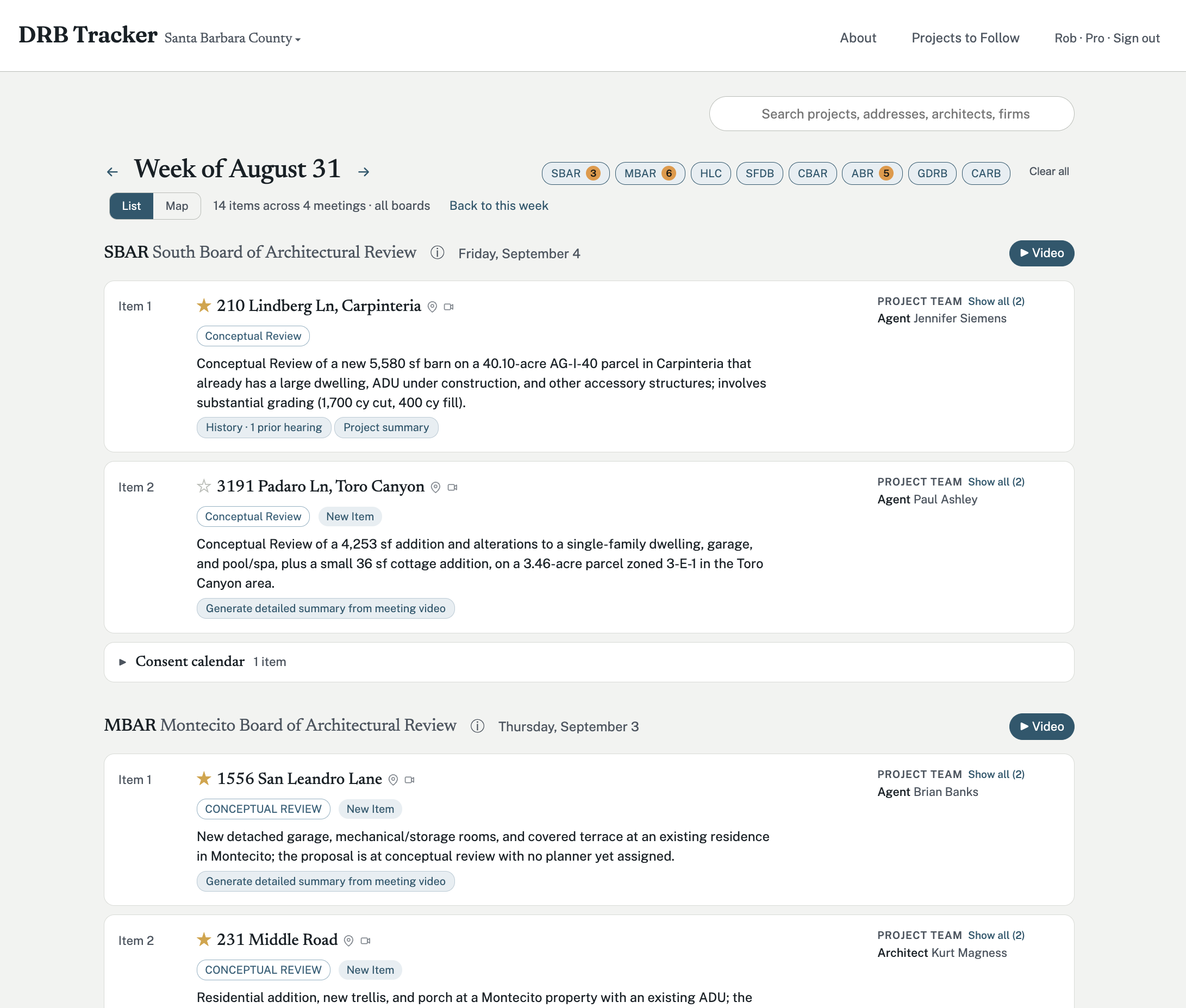 Six review boards, one weekly digest. We track what's on the agendas of the city and county design review bodies, summarize each item, and keep the history of every project across hearings so architects, landscape architects, and builders can see wha
