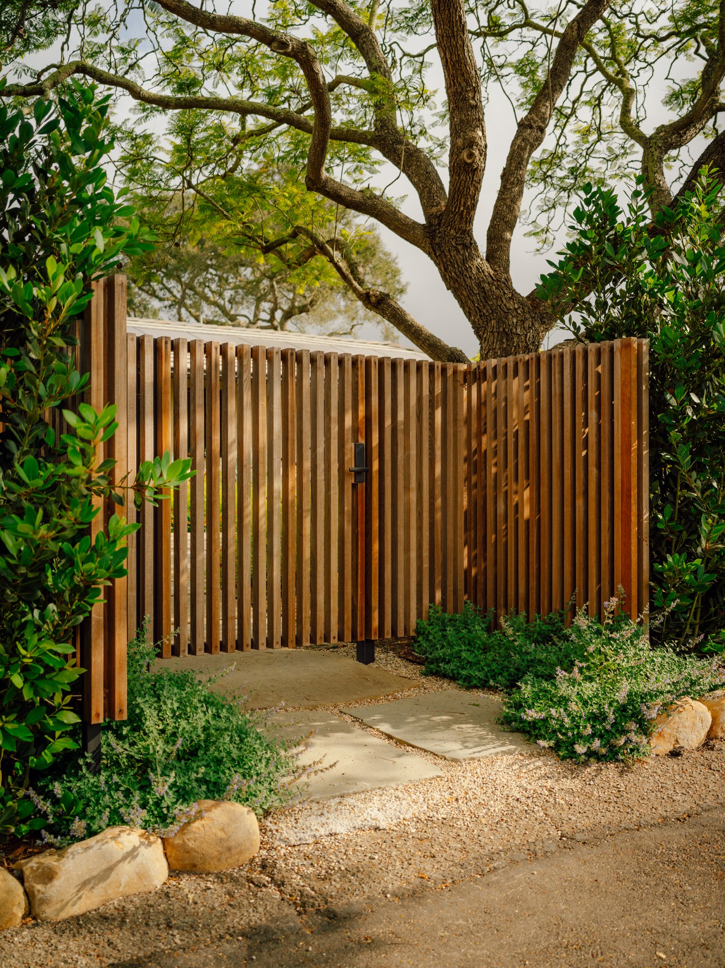 vertical wood picket entry gate