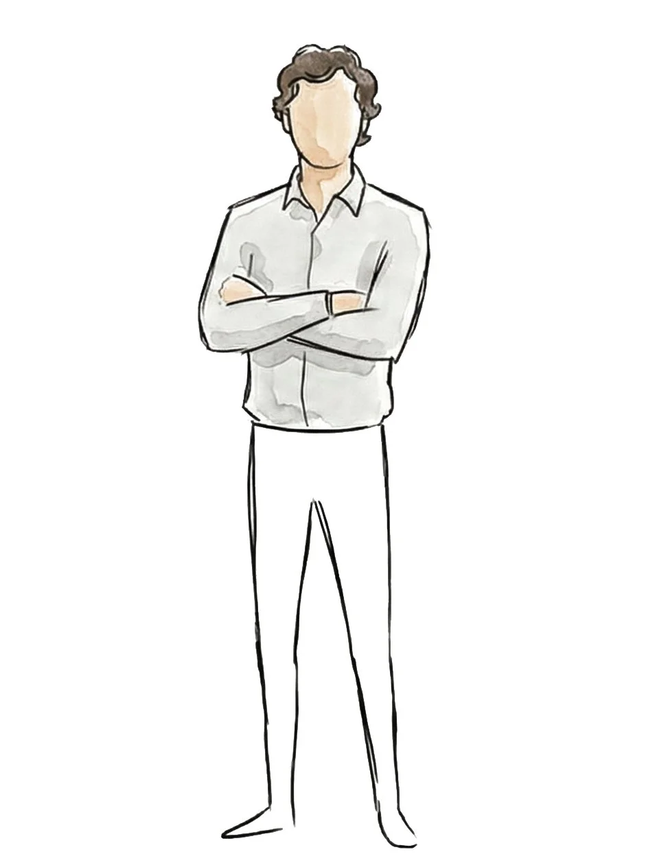 Smiling man standing against a corrugated metal wall, wearing a white button-up shirt, black and white photo.