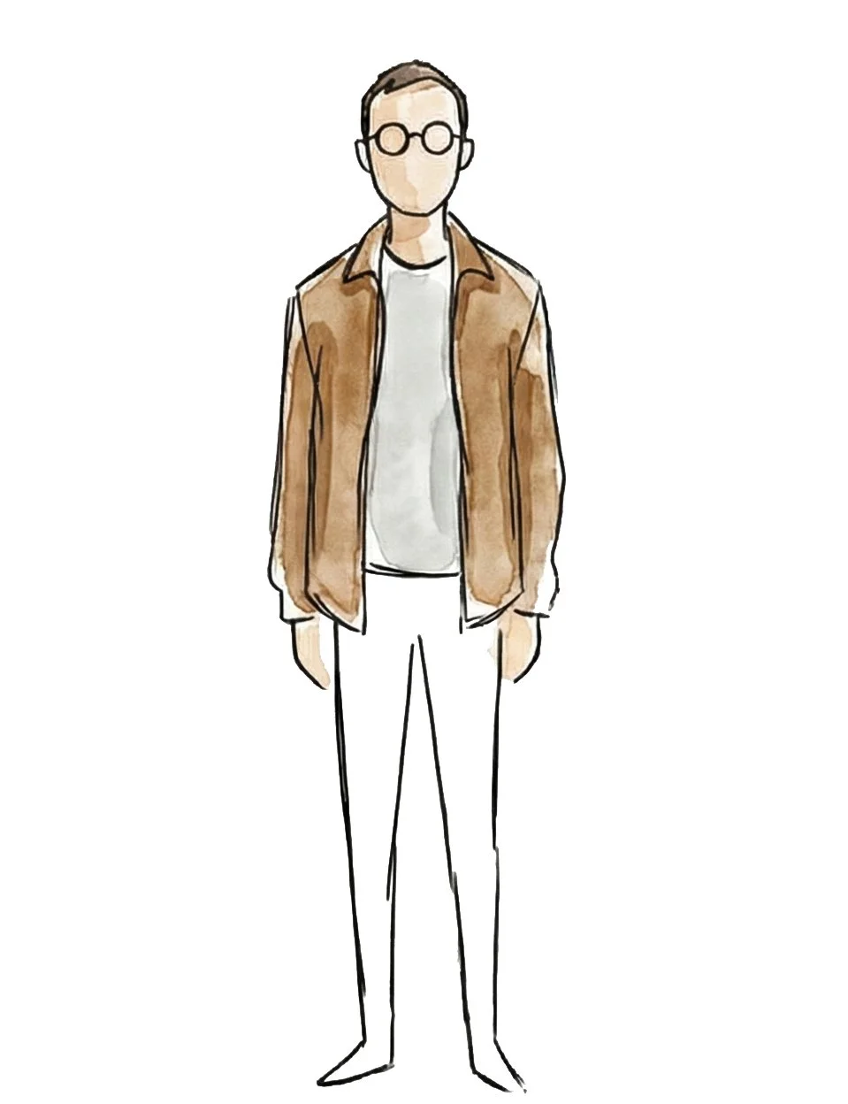 Black and white photo of a person wearing round glasses and a striped button-up shirt over a plain T-shirt, standing against a textured background.