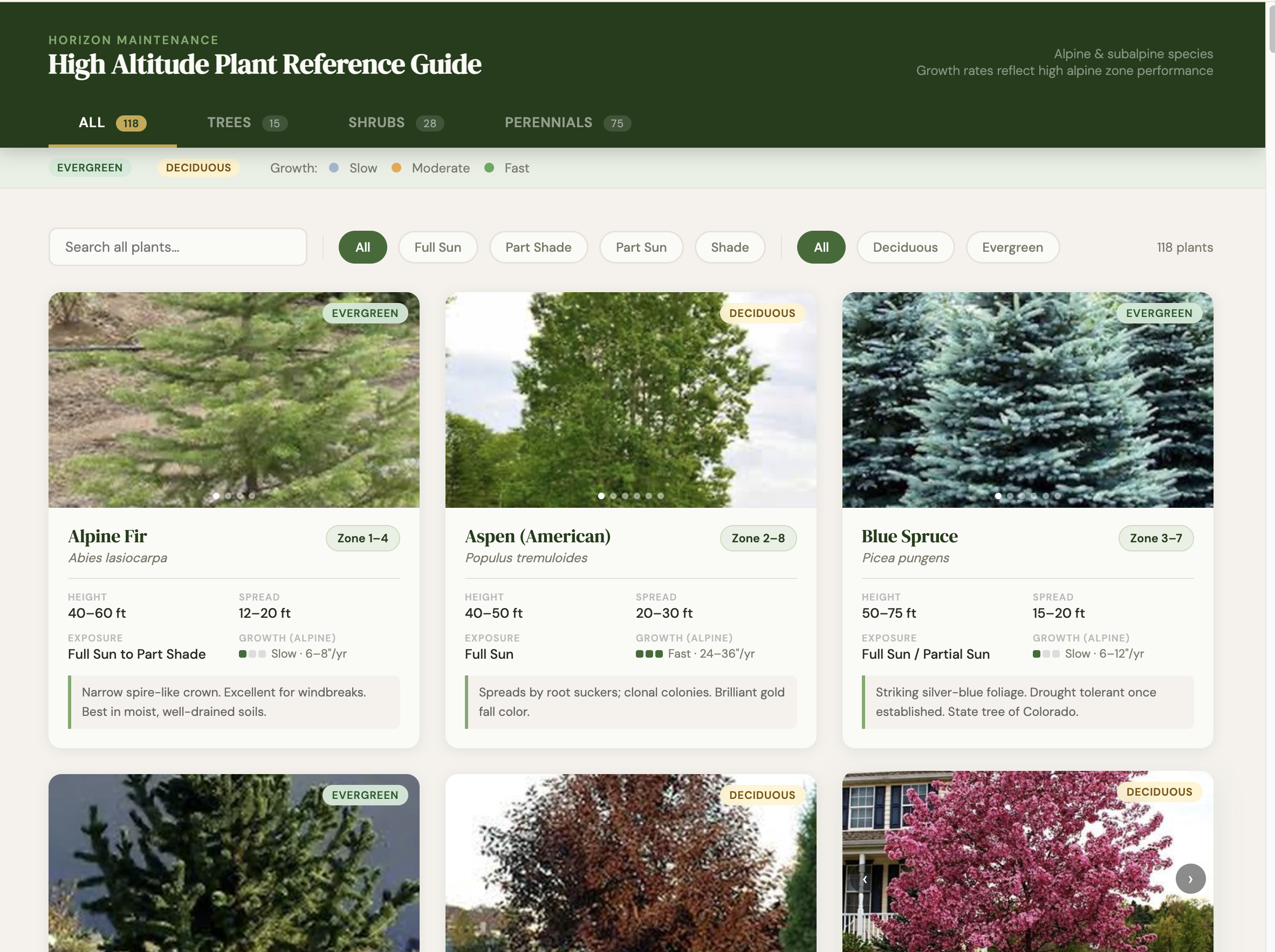 A browser-based plant reference built for Telluride, Colorado. Over 100 unique alpine and subalpine trees, shrubs, and perennials with mature size, growth rate at elevation, exposure, and photos, searchable and filterable from a phone.