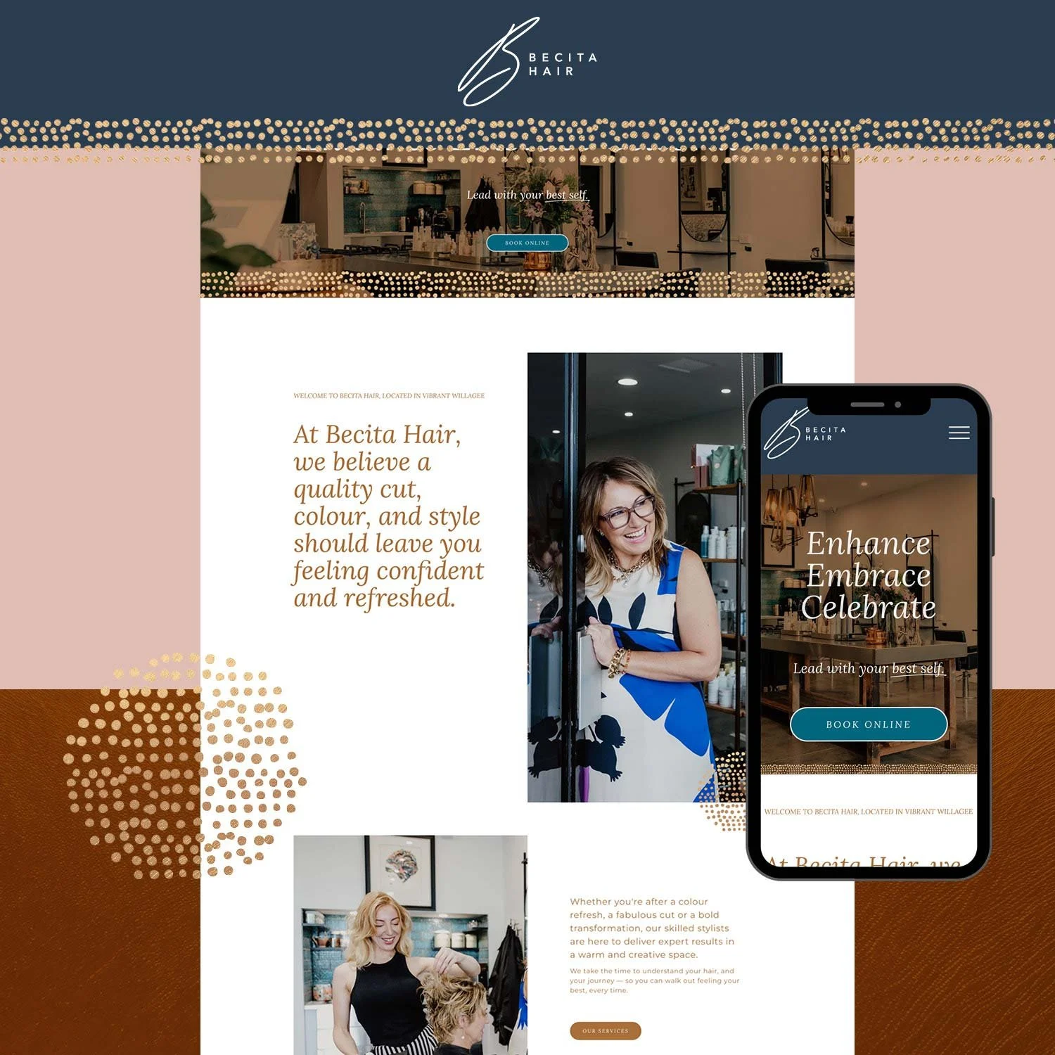 Becita Hair website design shown as visual design and on iPhone, designed by Perth Brand & Squarespace Web Designer Light & Day Creative.