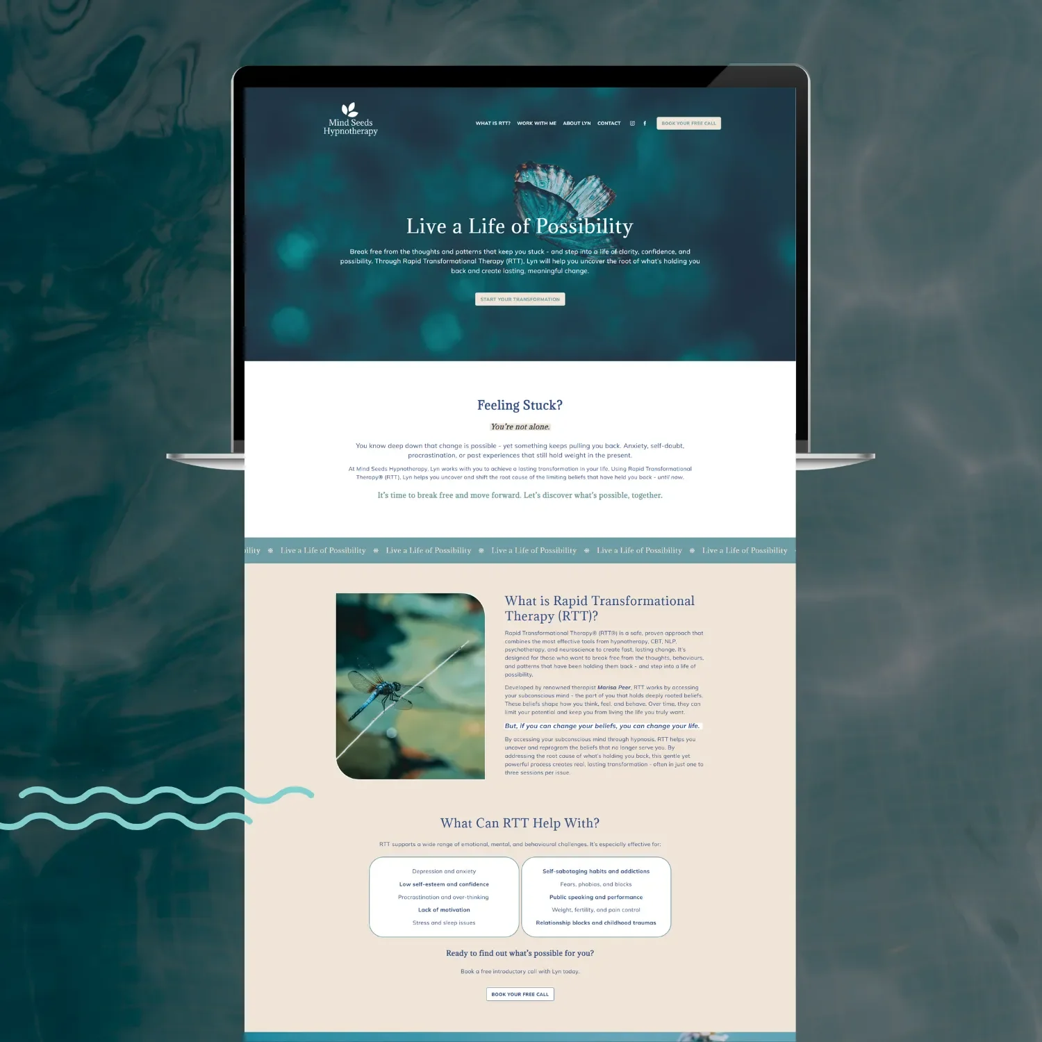 Mind Seeds Hypnotherapy website shown on laptop, designed by Gold Coast Squarespace website designer - Kyah Digital.