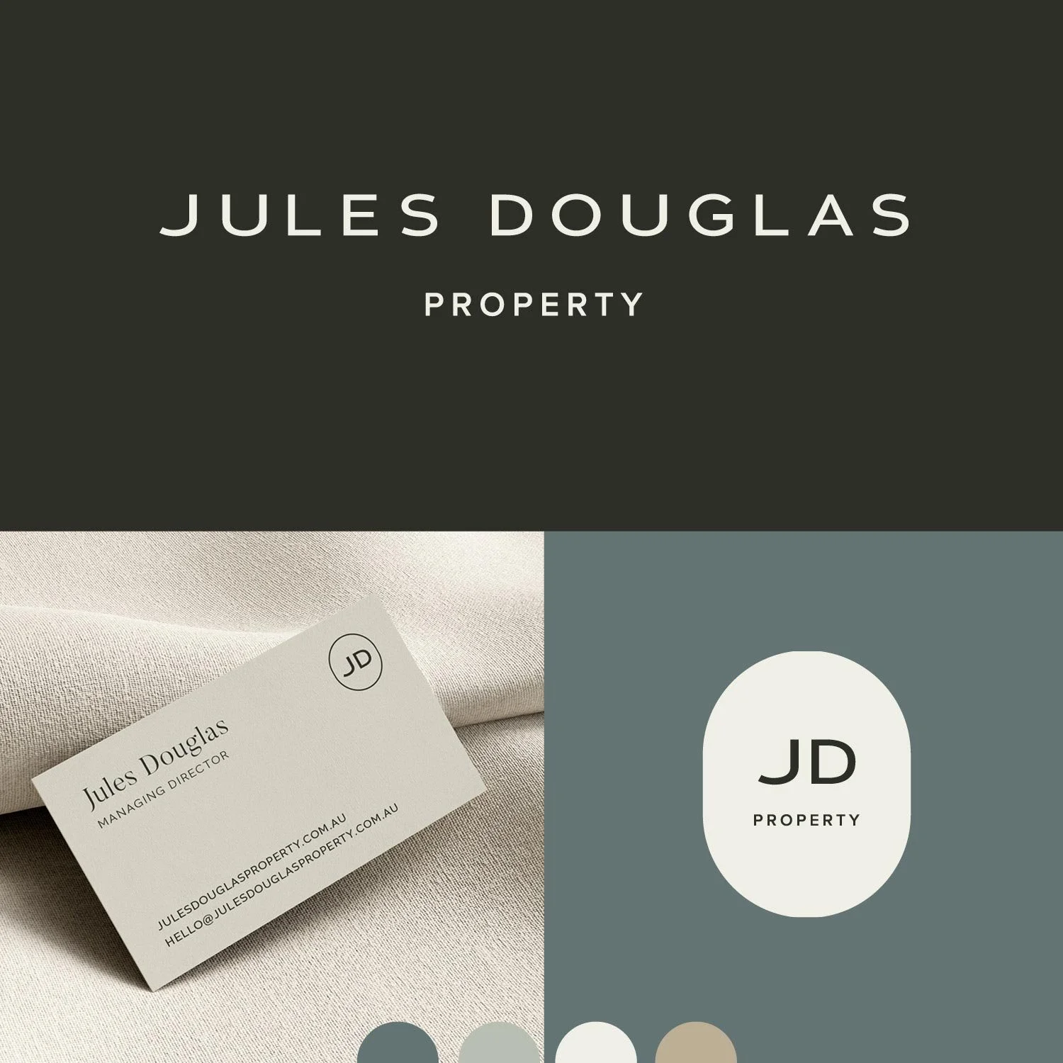 Jules Douglas Property branding and business card designed by Light & Day Creative